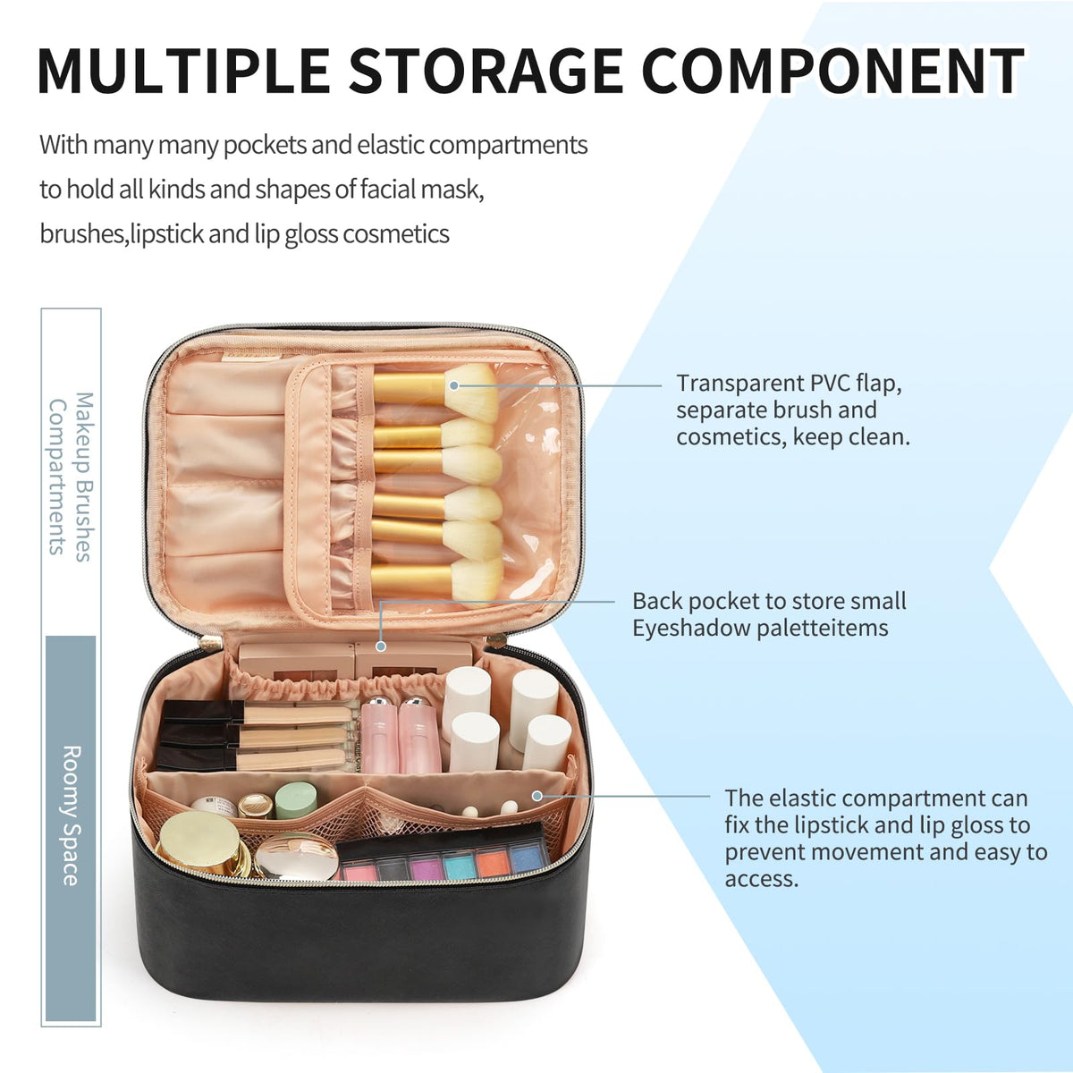 OCHEAL Makeup Bag, Portable Cosmetic Bag, Large Capacity Travel Makeup Case Organizer, Black For Women Toiletry Bag for Girls Traveling With Handle and Divider