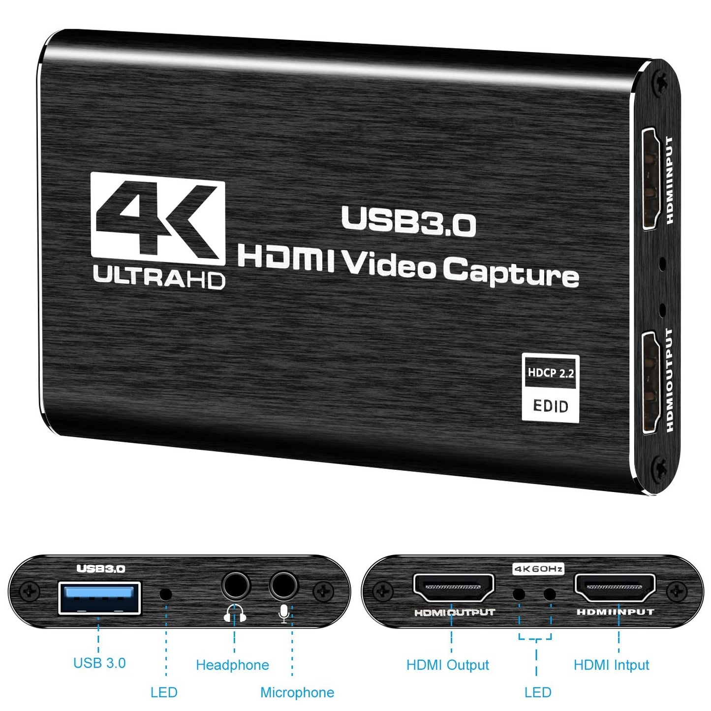 4K HDMI Capture Card for Streaming, Full HD 1080P 60FPS USB 3.0 Cam Link Game Audio Video Capture Card, Work with Camera/Nintendo Switch/Xbox/PS4/PS5/PC/OBS (Black)