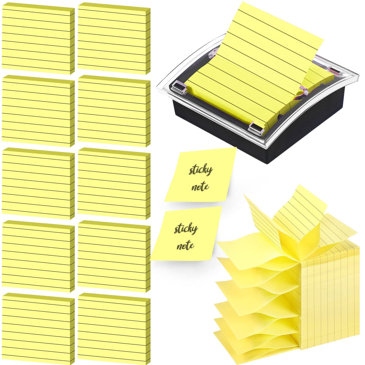 Thenshop 10 Pads Pop up Sticky Notes with 1 Pack Pop up Note Dispenser Note Holder Black Base Clear Top Self Stick Memo Ruled Adhesive Notes 3x3 Ruled Memo Pads Refills 100 Sheet/pad