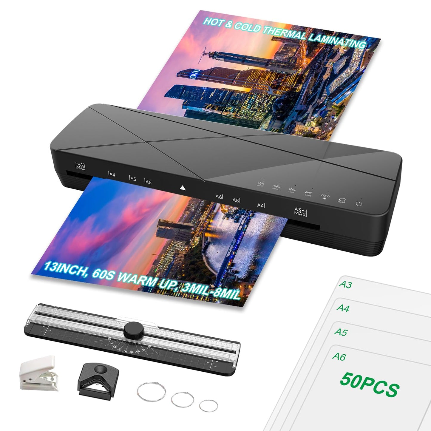 A3 Laminator Machine 13 Inch Thermal Cold 10-in-1 Auto Feed Laminator with 50 Sheets, Paper Trimmer, Corner Rounder, Fast Warm Up Jam-Proof for Home Office School Documents Photos (Black)