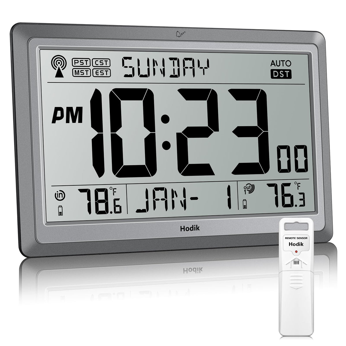 HODIK Wall Clock Atomic with Indoor Outdoor Temperature Battery Powered, Easy Reading with 10.5 Inch LCD Display, 330FT Range Table Wall Clock with DST, 12/24 Hour for Living Room Kitchen (Silver)