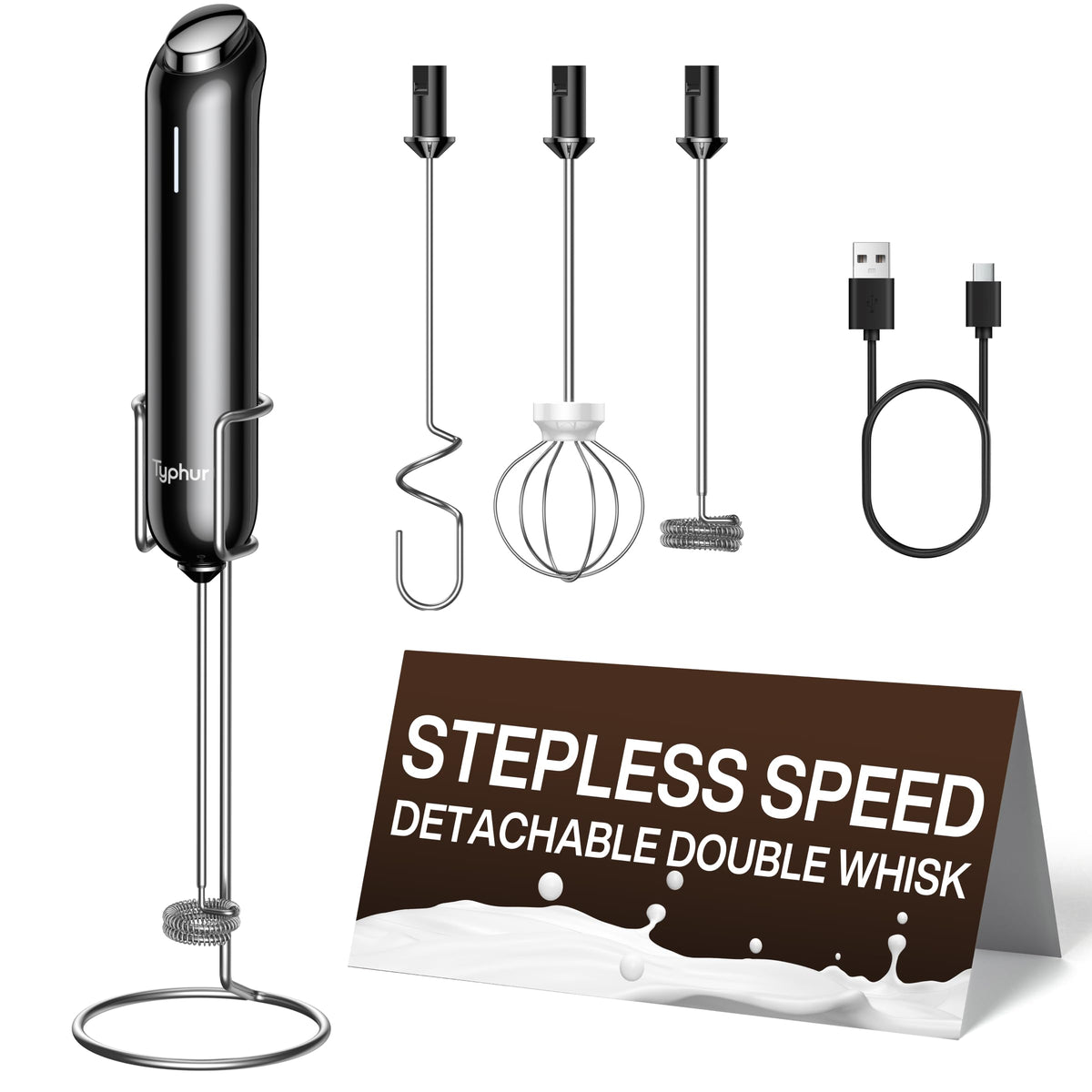 InstaWhisk Milk Frother with Variable Speed, Rechargeable Coffee Frother Wand with Detachable Double Whisk, Drink Mixer Handheld Electric Stirrer for Latte, Cappuccino, Matcha, Almond Milk, Protein