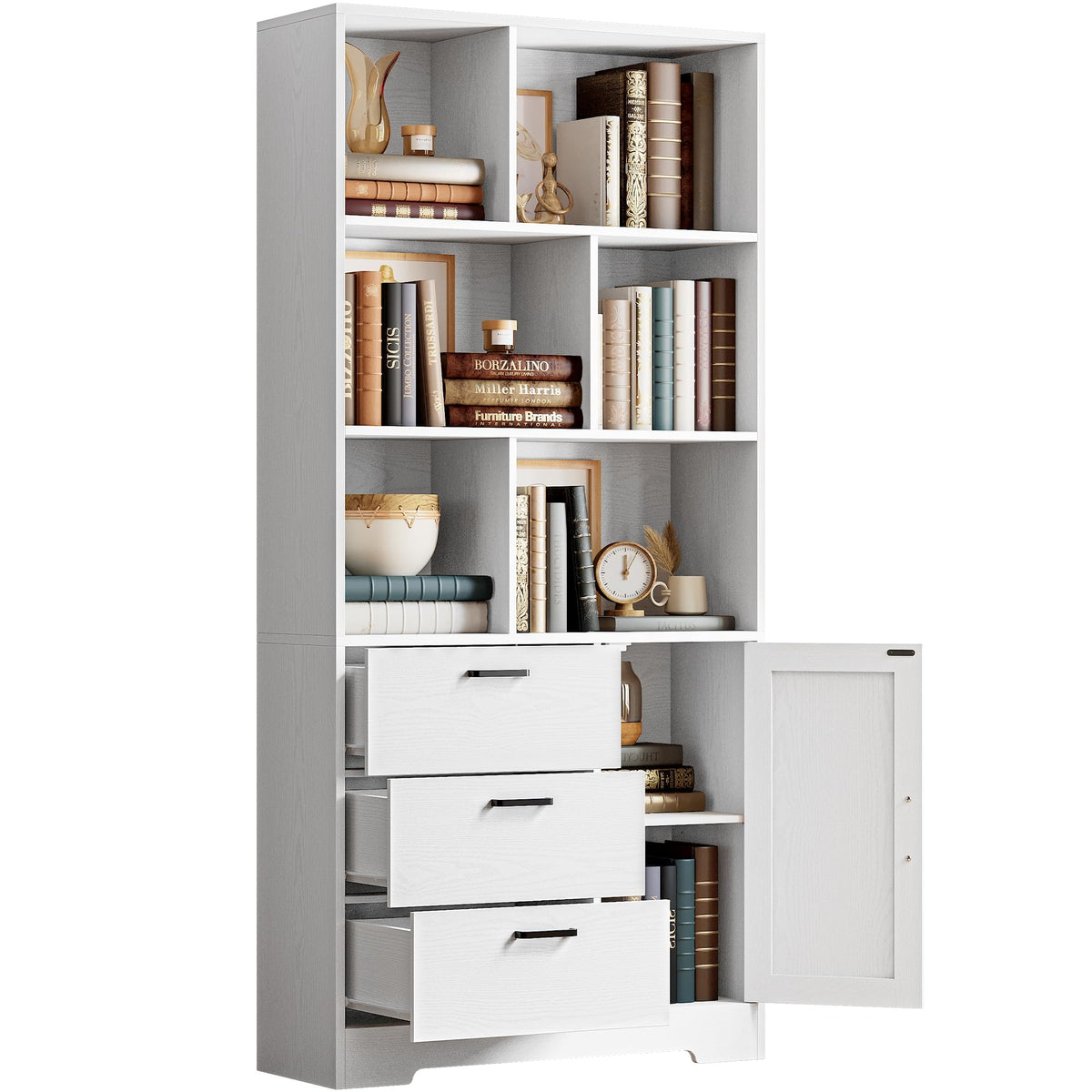 IRONCK Bookshelf, 70.9 Inch Tall Bookcase, Black Book Shelf with Doors and 3 Drawers, 3-Tier Bookshelves with 6 Open Cubes for Home Office, Living Room, Study