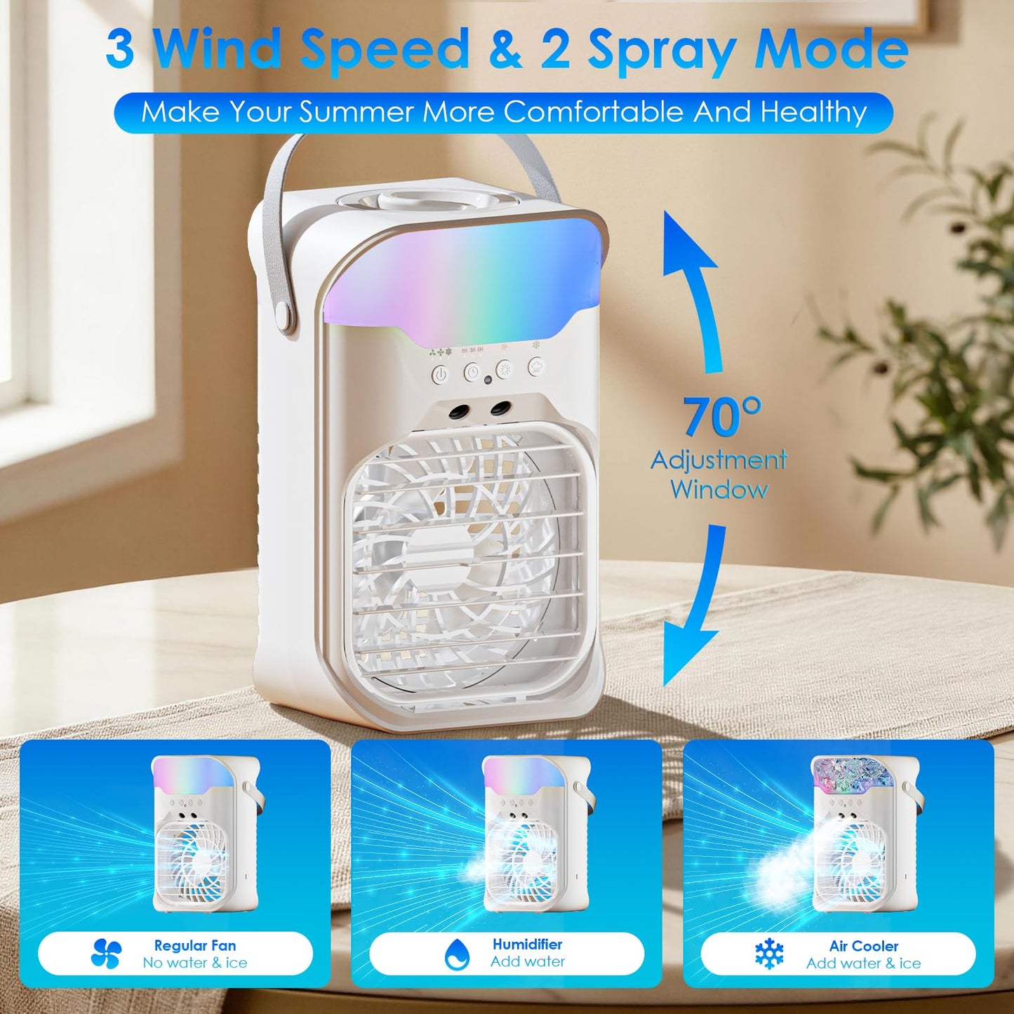 Portable Air Conditioners, Air Conditioner, Dual Nozzle AC Unit with Remote Control, 1600ML Tank, 3 Speeds, Timer & 70° Adjustable Airflow, Evaporative Mini Air Conditioner for Bedroom, Office Camping