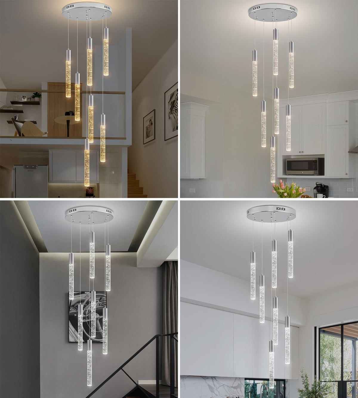 Upfelw Modern High Ceiling Crystal Chandelier 7-Lights, Spiral LED Raindrop Foyer Pendant Lighting, Bubble Staircase Living Room Hanging Light Fixture Flush Mount Chrome