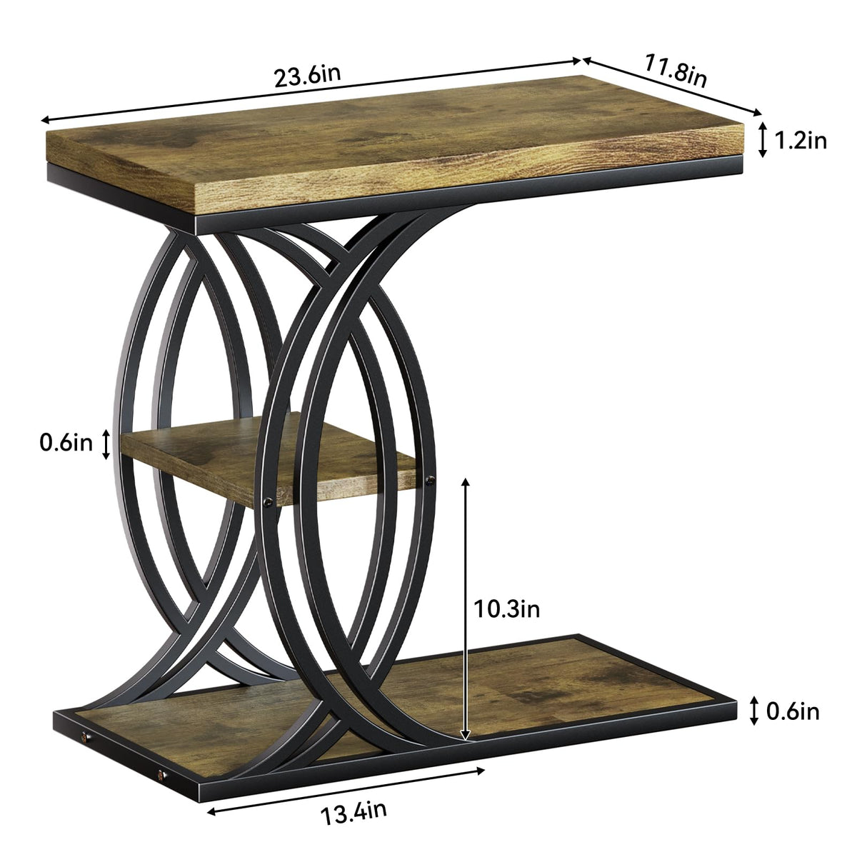FJLHOHG C Shaped End Table, Bed Side Table, 3-Tier Side Table with Metal Frame, Wood End Table with Storage for Living Room, Couch, Sofa, Bedroom, Easy Assembly, 23.6" D*11.8" W*23.6" H, Rustic Brown