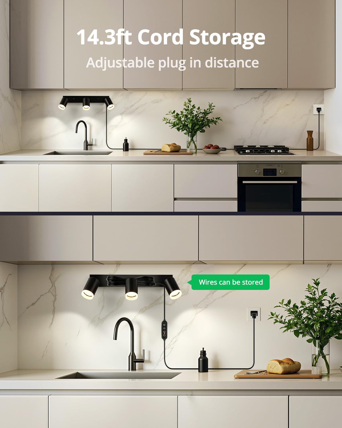 Bojim Plug in Ceiling Track Lighting with 14.3ft Power Cord for Kitchen, Dimmable LED Spotlight Wall Mounted for Sala, Black 3 Lights Fixture Removable Cup for Bedroom Farmhouse Studio, GU10 No Bulb