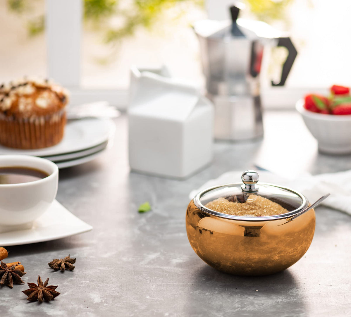 KooK Sugar Bowl, Sugar Bowl with Lid and Spoon, Sugar Container with Lid, for Salt, Coffee, Holds 2 Cups, Dishwasher Safe, Copper, 16 Oz