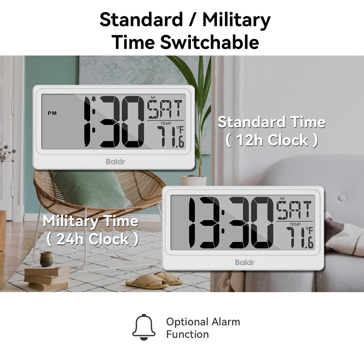 Baldr Digital Clock with Bluetooth Auto Time Sync, No App Required, Large Display Non-Backlit Desktop Alarm Clock, Battery Operated, Temperature & Weekday, Wall or Desk Clock for Home Office, White