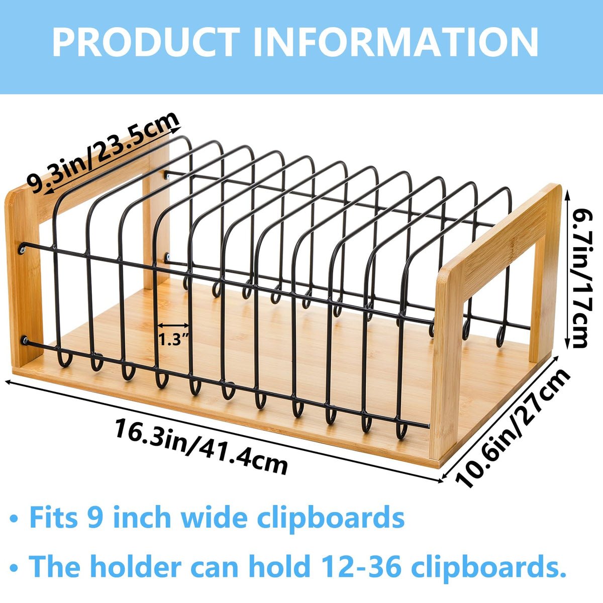 Youeon Vertical Clipboard Holder, 12 Slot Bamboo and Metal Clipboard Stand, Desk File Organizer Storage Rack for Home, Office, Classroom, No Assembly Required
