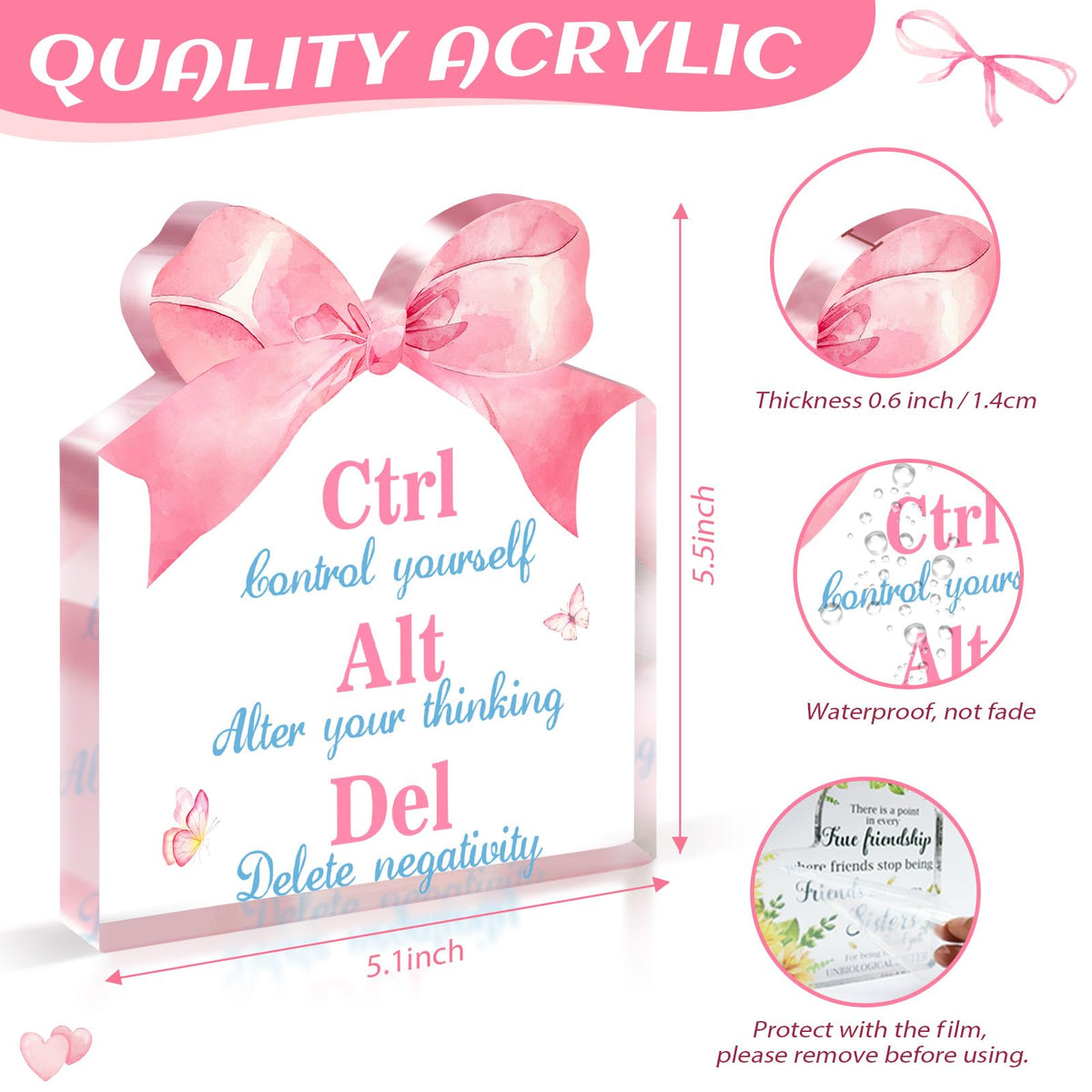 Pigort Inspirational Office Decor for Women Ctrl Alt Del Motivational Acrylic Office Desk Decoration Gift for Colleague Boss Friend Teacher Coach Family 5.1x5.5inch