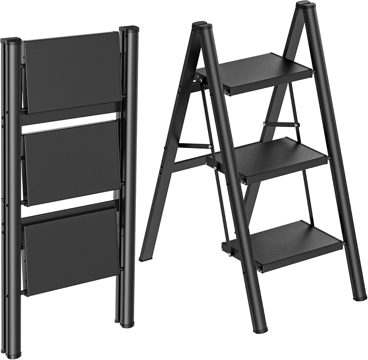 HBTower 3 Step Ladder, Lightweight Aluminum Folding Step Stool, Step Stool Foldable with Wide Anti-Slip Pedal, 330lbs Capacity for Home and Kitchen, Black