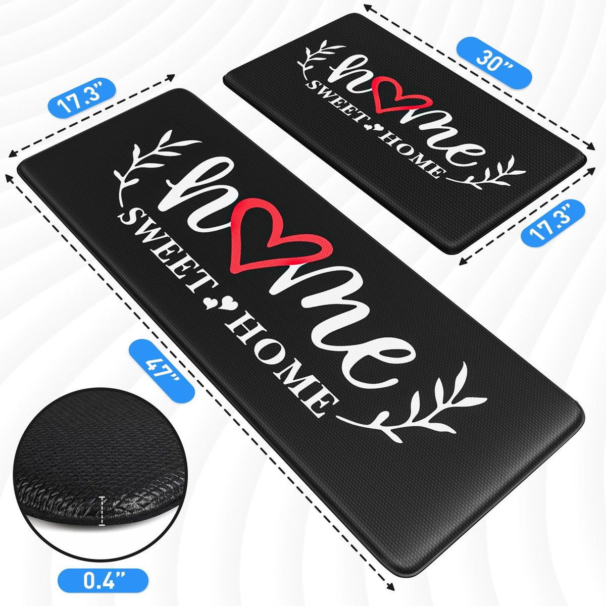 HappyTrends Kitchen Mat for Floor, 2PCS Cushioned Anti-Fatigue Kitchen Rugs, Waterproof Non-Slip Standing Mats and Rugs Set for Kitchen, Office, Laundry, Black, 17.3"×30"+17.3"×47"