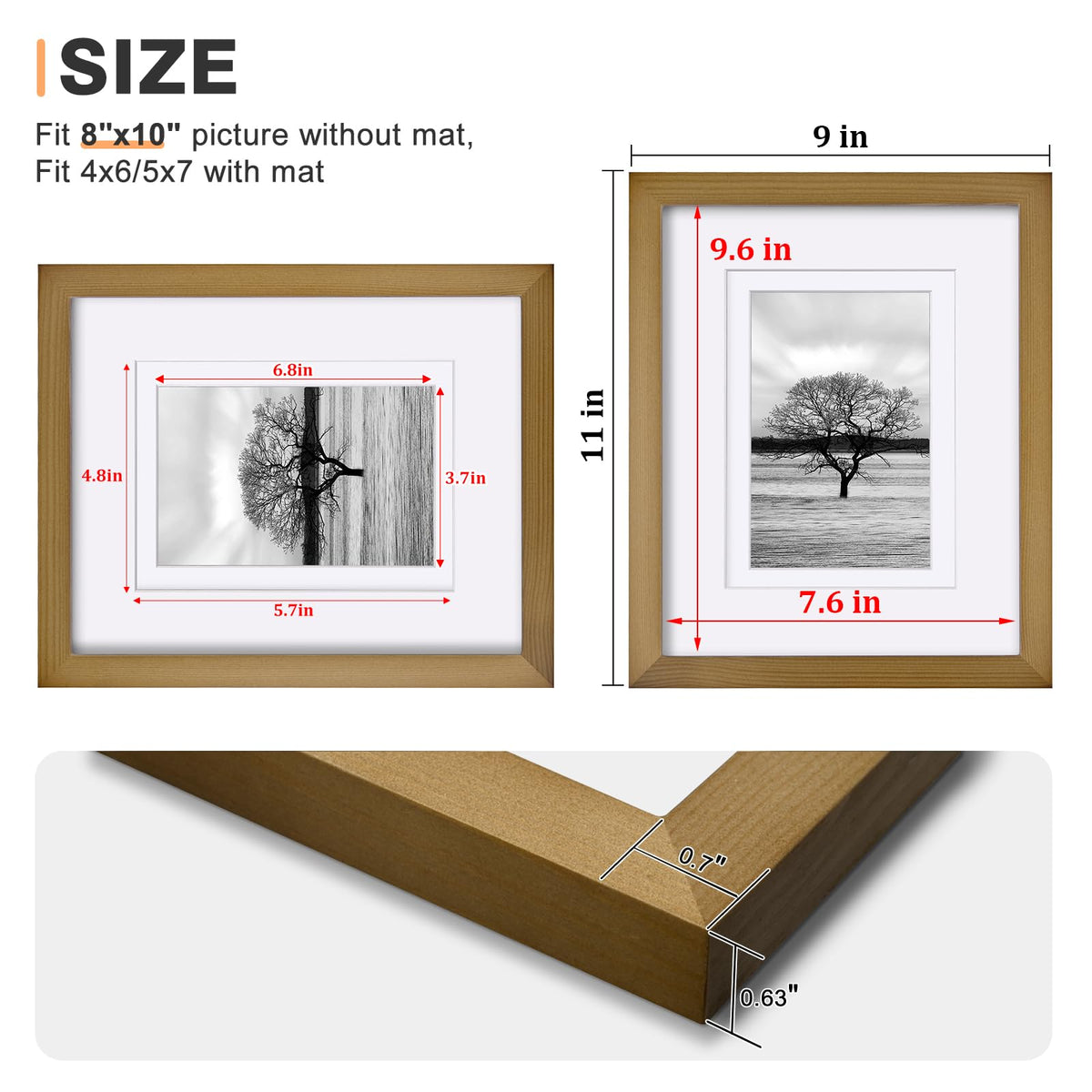 Egofine 8x10 Picture Frames 4 Pack, for Pictures 4x6 or 5x7 with Mat Made of Solid Wood Covered by Plexiglass for Table Top Display and Wall Mounting Photo Frames, Light Brown