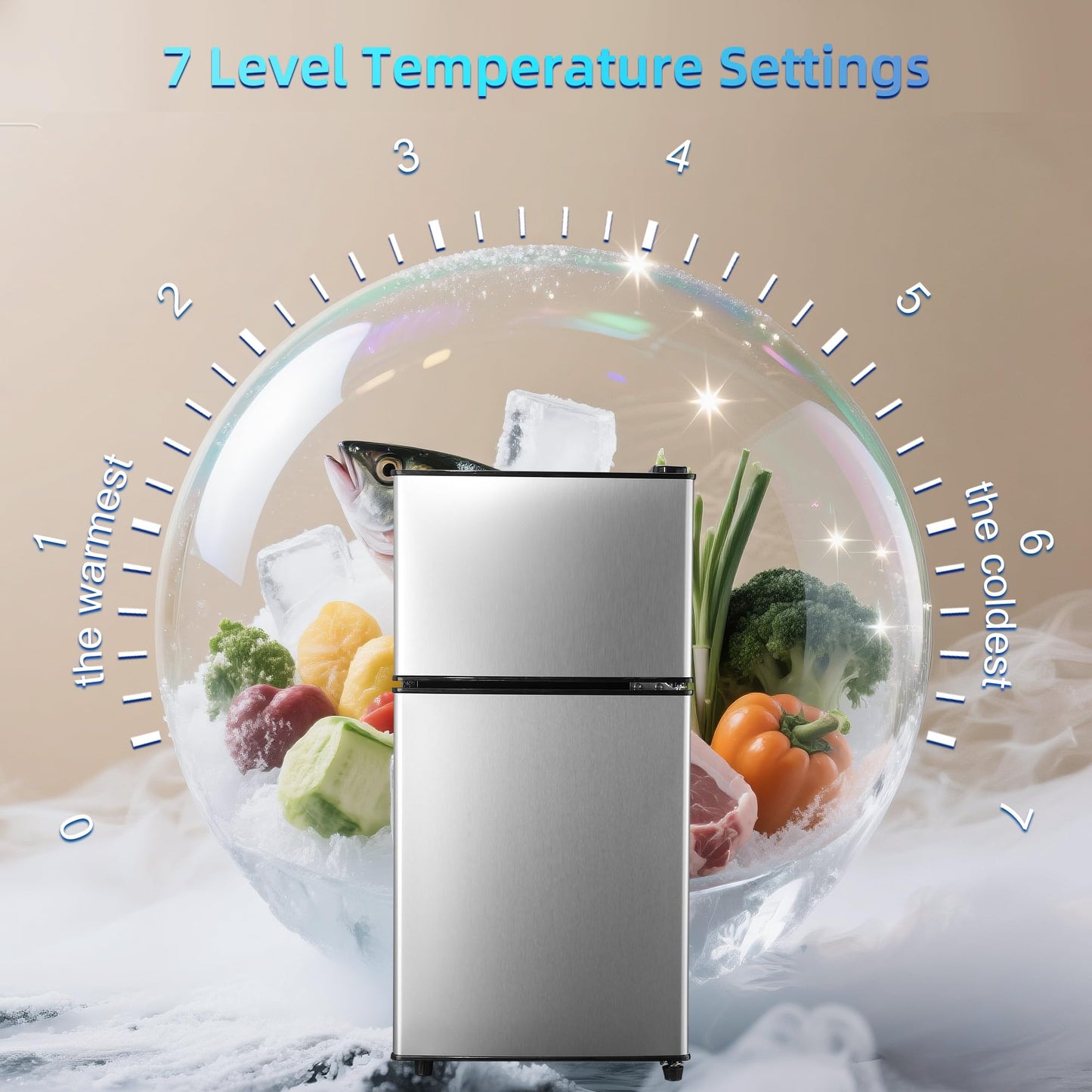 Borcolo Dorm Fridge with Freezer, Small Refrigerator 3.45 Cu. Ft. with Freezer for Apartment, 7-Level Temperature Adjustable Apartment Size Fridge for Kichen, College, Office, Silver