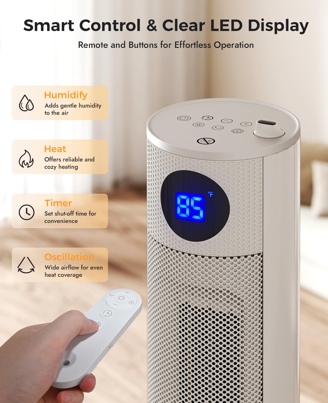 Oylus Space Heater with Humidifier - Portable Tower Heaters for Indoor Use, Remote, Adjustable Thermostat, 3 Heat Modes, Multiple Safety Protection, 12H Timer, Quiet Electric Heater for Bedroom