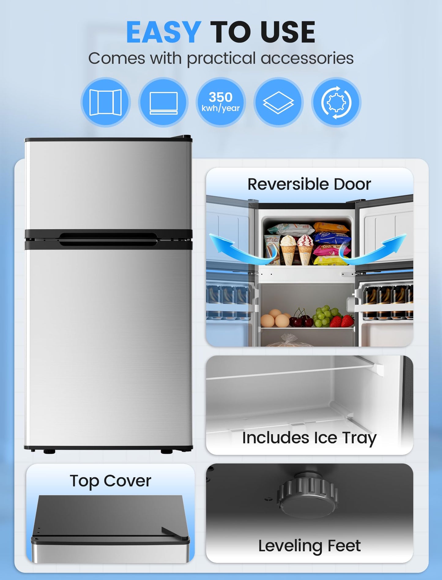 COWSAR 2.5 Cu.Ft Dorm Fridge with Freezer, Double Reversible Door Compact Refrigerator with 2 Removable Shelves, Commercial Drink Fridge for Bedroom, Office, Kitchen, Dorm, Silver