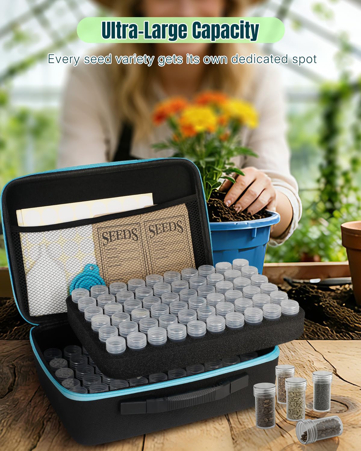 Pawfly 120-Slot Seed Organizer Box with Zipper for Storage, Includes 20 Envelopes, Labels, Tweezers & Tray (Seeds not Included), Sturdy & Portable Seed Storage Saver for Packets, Bank, Gardening