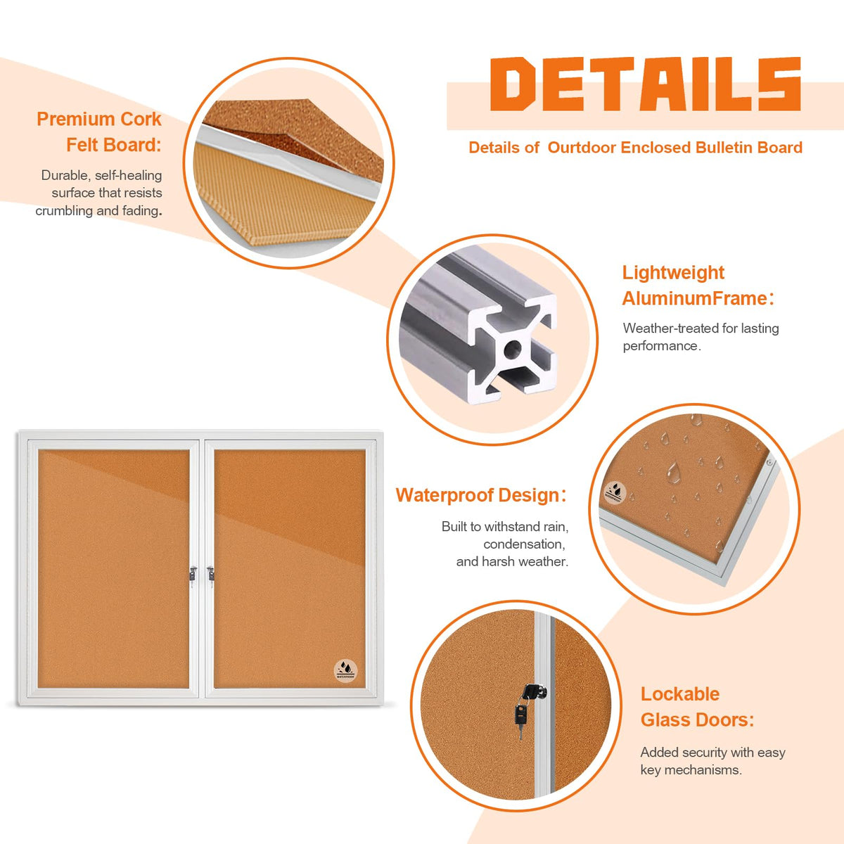 Outdoor Enclosed Cork Bulletin Board 44x32 Inch, Double Door Lockable Wall-Mounted Weatherproof Display Case, Tamperproof Notice Memo Poster Board with Aluminum Frame for Office, School, Community