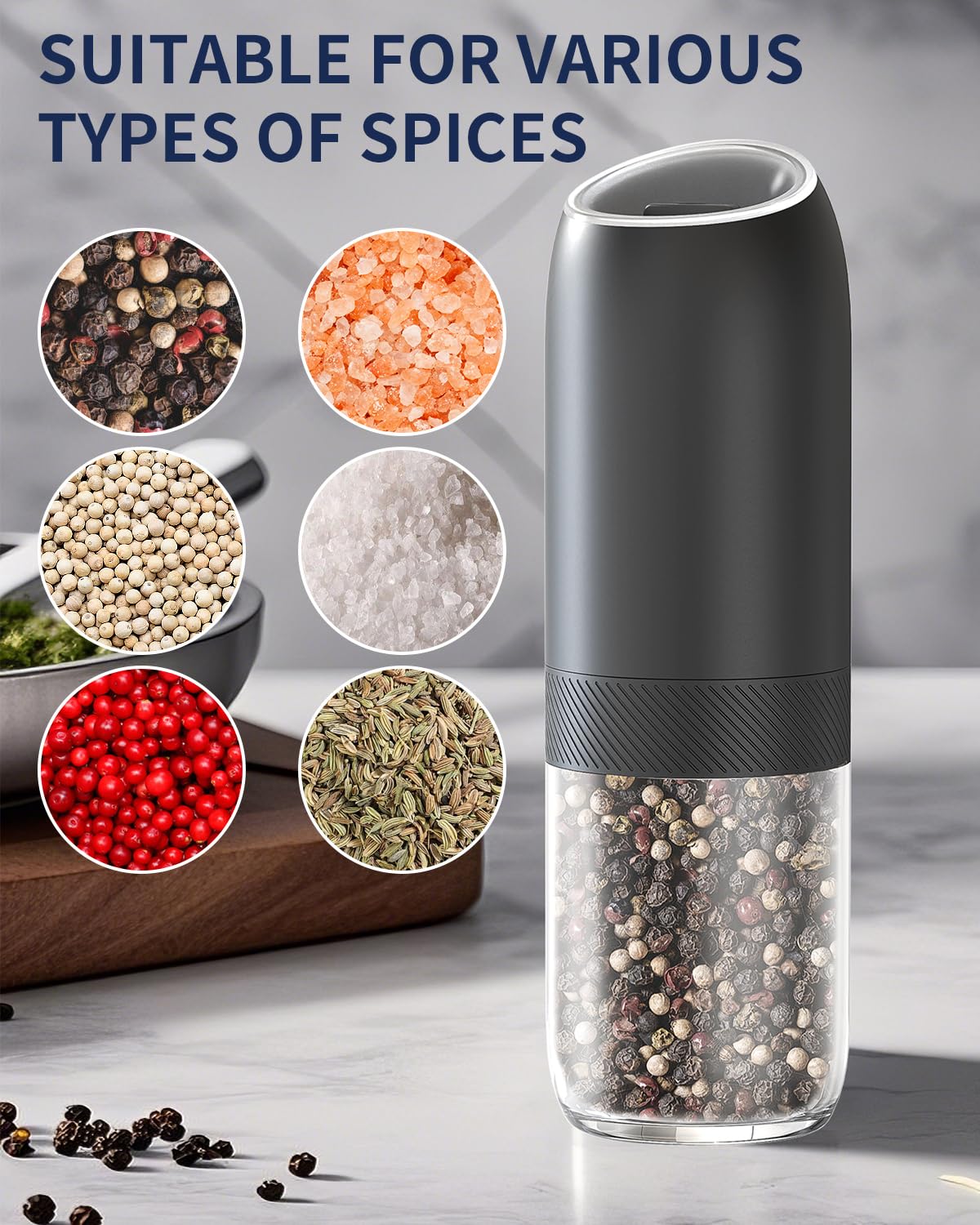 CIRCLE JOY Gravity Electric Salt and Pepper Grinder Set Battery Powered Automatic Pepper Mill Grinders with 176ml Container, Adjustable Coarseness, Bright LED Light and One Hand Operation, Black