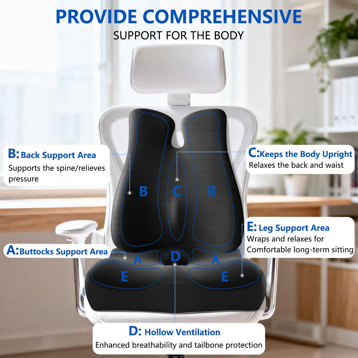 JIPORIER Lumbar Support Pillow for Office Chair,Seat Cushion with Back Support,Office Chair Cushion for Tailbone Pain,Sciatica and Hemorrhoid Relief (Black)