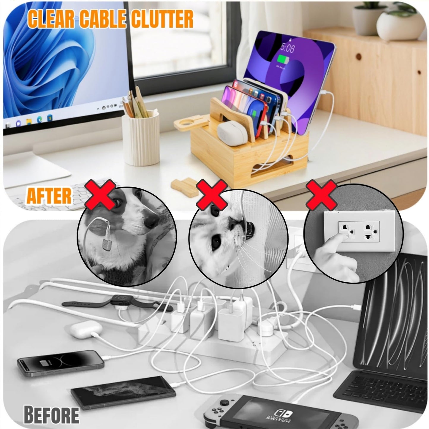Acshio Bamboo Charging Station for Multi Devices, Small Desktop Docking Stand, Cell Phone Docking Station Charger Organizer for Tablets, Smart Watch (No USB Charger No Charging Cables)