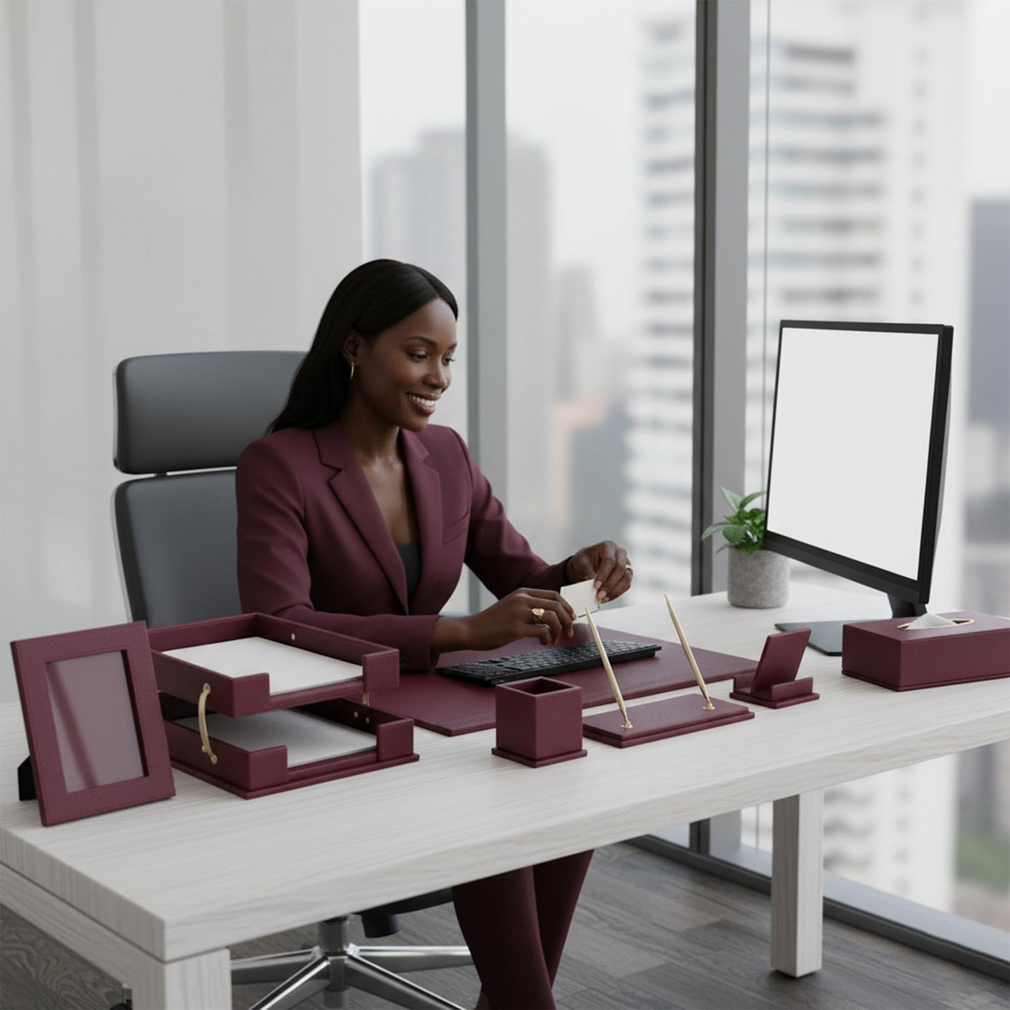 RitPin Desk Set,15-Piece Leather Desk Organizer Set, Executive Office Accessories with Desk Pad & Blotter, 2-Tier Tray, Pen Holder & More, Professional Office Desk Decor & Gift Set (Burgundy)