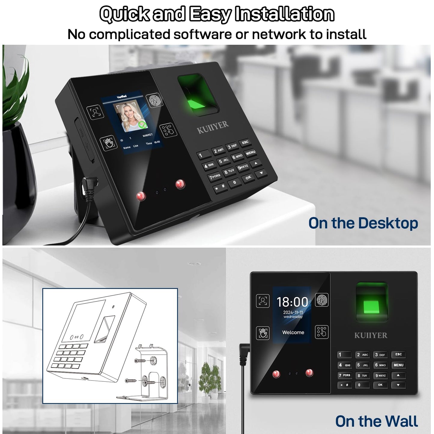 KUIIYER 4 in 1 Employees Time Clocks for Small Business (Face + Fingerprint + Palm Print + PIN) Employee Clock in & Out Machine Biometric Attendance Punch Clock Recorder Tracker (No Monthly Fee)
