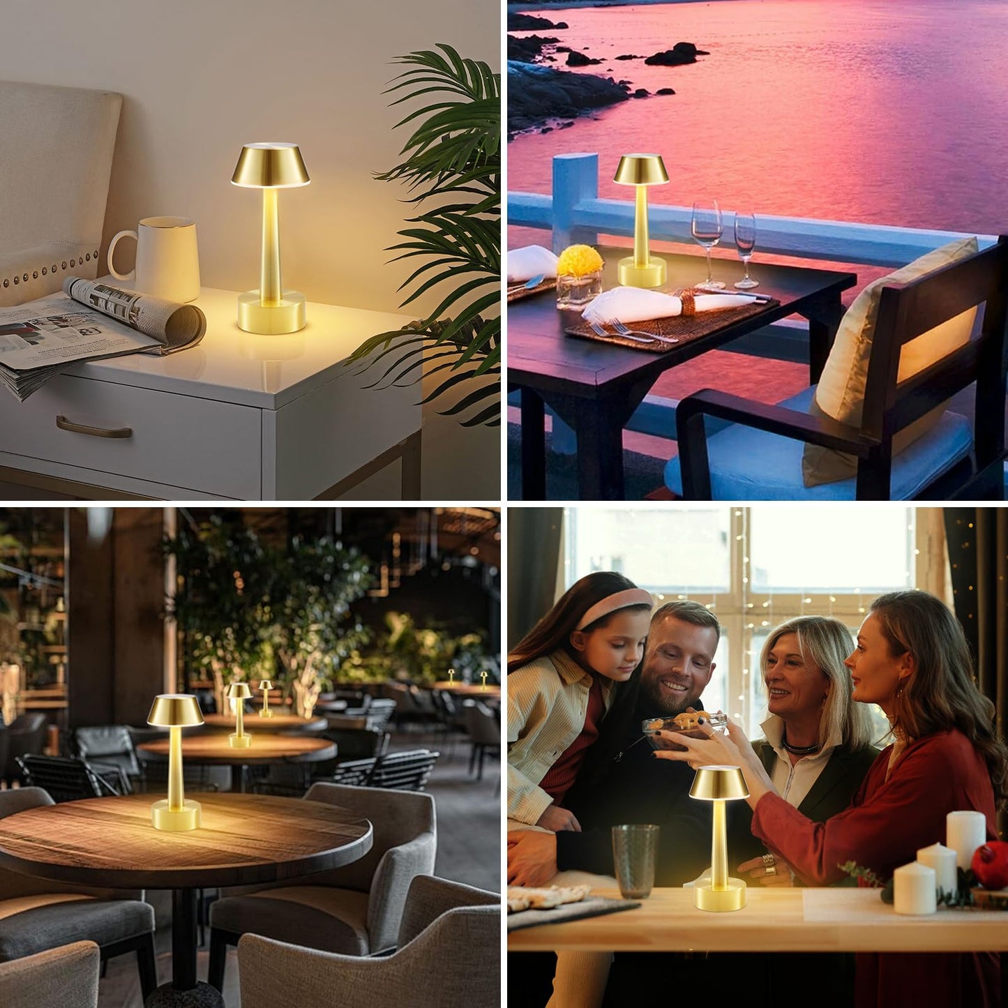 2 Pack Small Cordless Table Lamp, Battery Operated Gold Lamp for Restaurant Dinner Table, Rechargeable 3-Way Dimmable Touch Light Portable Metal Night Light for Bedside Dining Room Patio Bar Outdoor