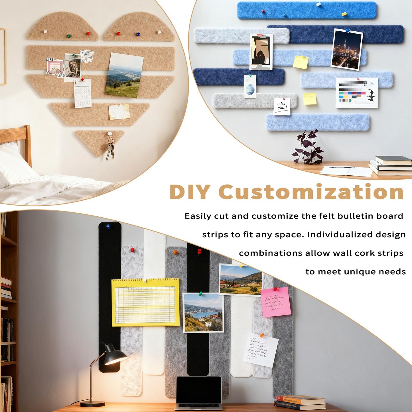 Felt Bulletin Board Strips for Wall 16 Pack 13"x2" - Felt Pinboard Strips with 70 Push Pins and 200 Sticky Notes, Adhesive Cork Board Alternative for Office, Dorm, Photos, Notes (Mix Blue)
