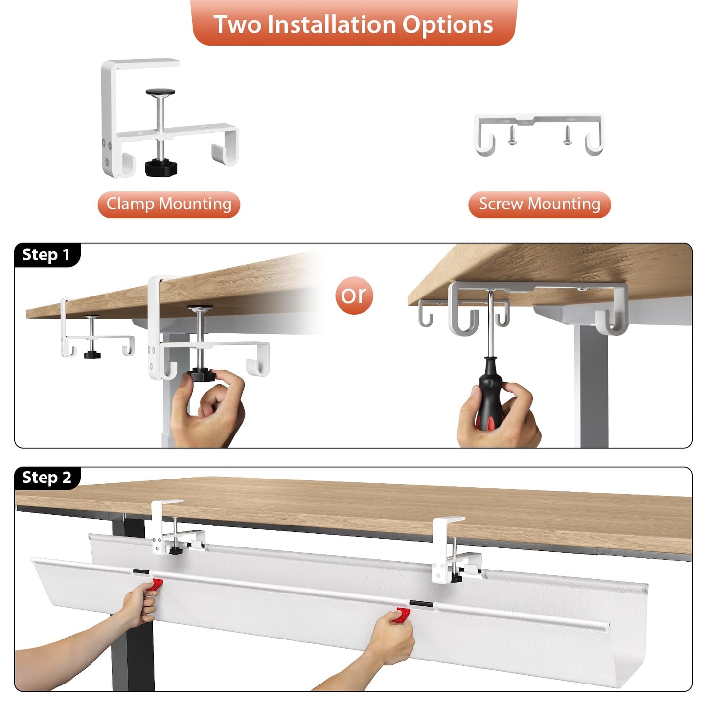 Univivi No Drill Under Desk Cable Management Tray, 48" Cord Organizer for Table, Clamp/Screw Mount Desk Cable Management, Premium Fabric Cable Management Tray for Office, Home (Extra Large)