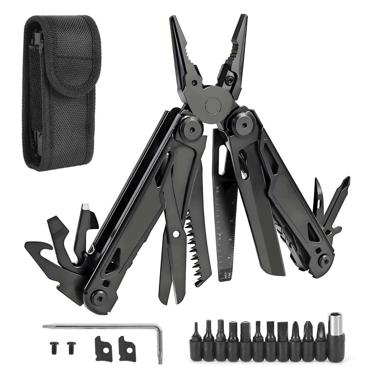 JIEHET Multitool, 28-in-1 Stainless Steel Multi-Tool with Pocket Knife, Self-locking Pliers, Bottle Opener Professional Multi Tool for Outdoor, Survival, Camping, Hiking, Hunting - Black