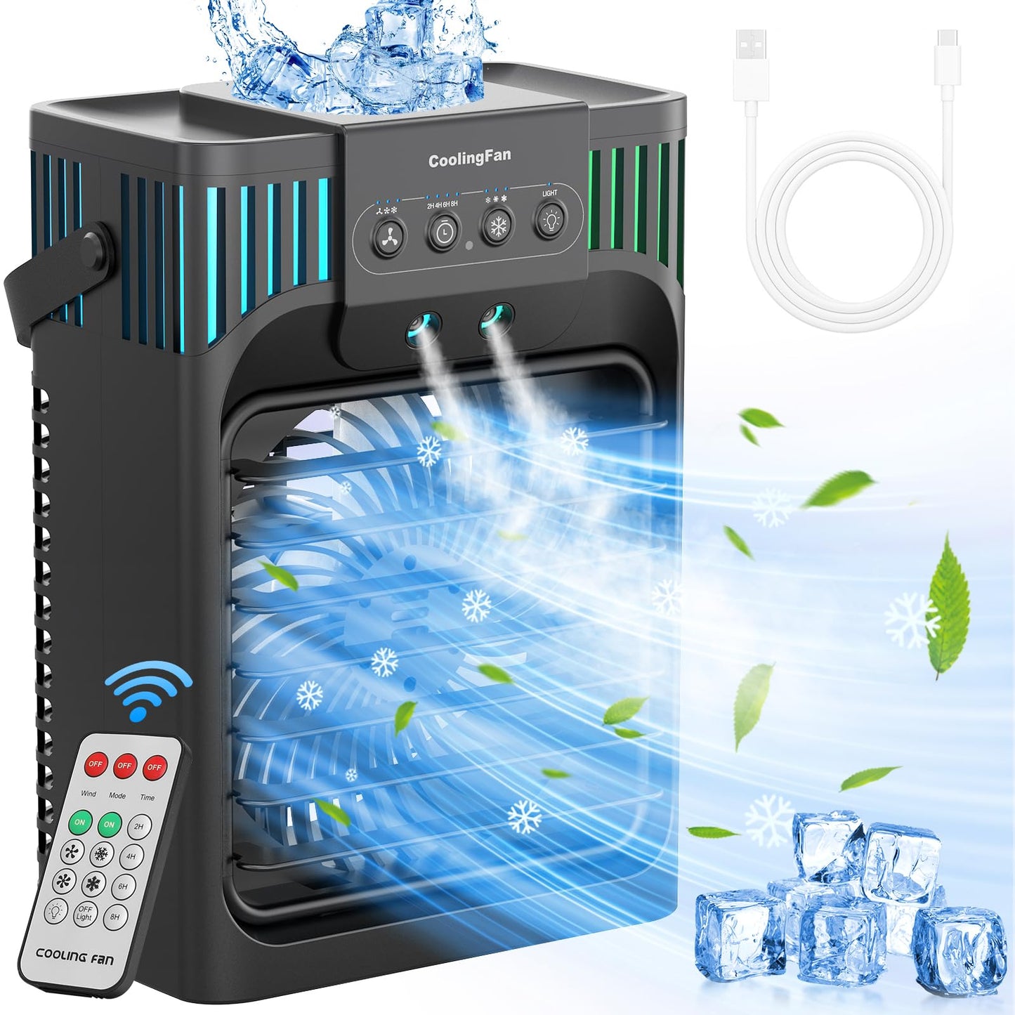 Serantzon Portable Air Conditioners, 4-in-1 Evaporative Air Cooler with Remote Control, Cooling Fan with 3 Modes, 3 Speeds & 7 LED Lights, 2-8H Timer, 1200ML Personal Mini AC Unit for Home, Bedroom
