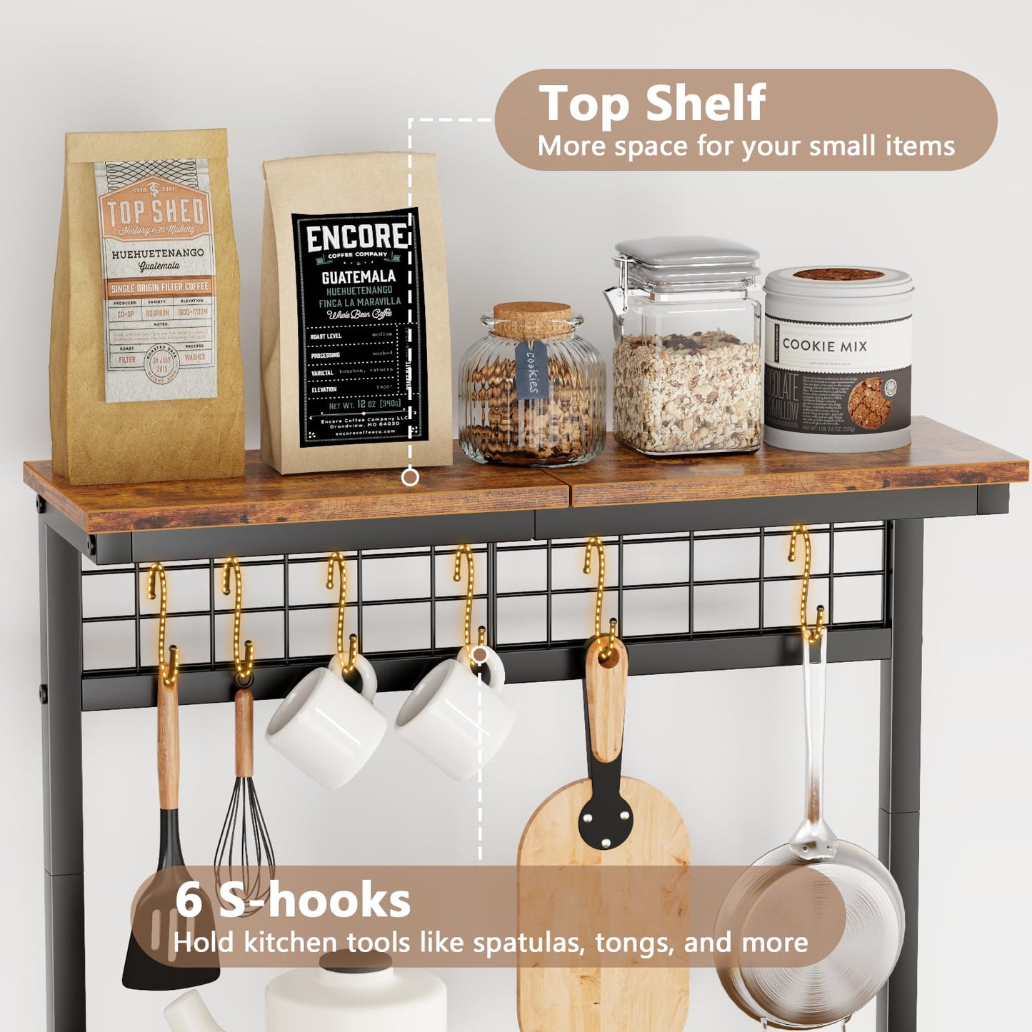 Furologee Kitchen Bakers Rack with Power Outlet, Microwave Oven Stand with Storage 4 Tiers, Coffee Bar Table with 6 S Hooks, Kitchen Storage Shelf Rack for Spices, Pots, Rustic Brown