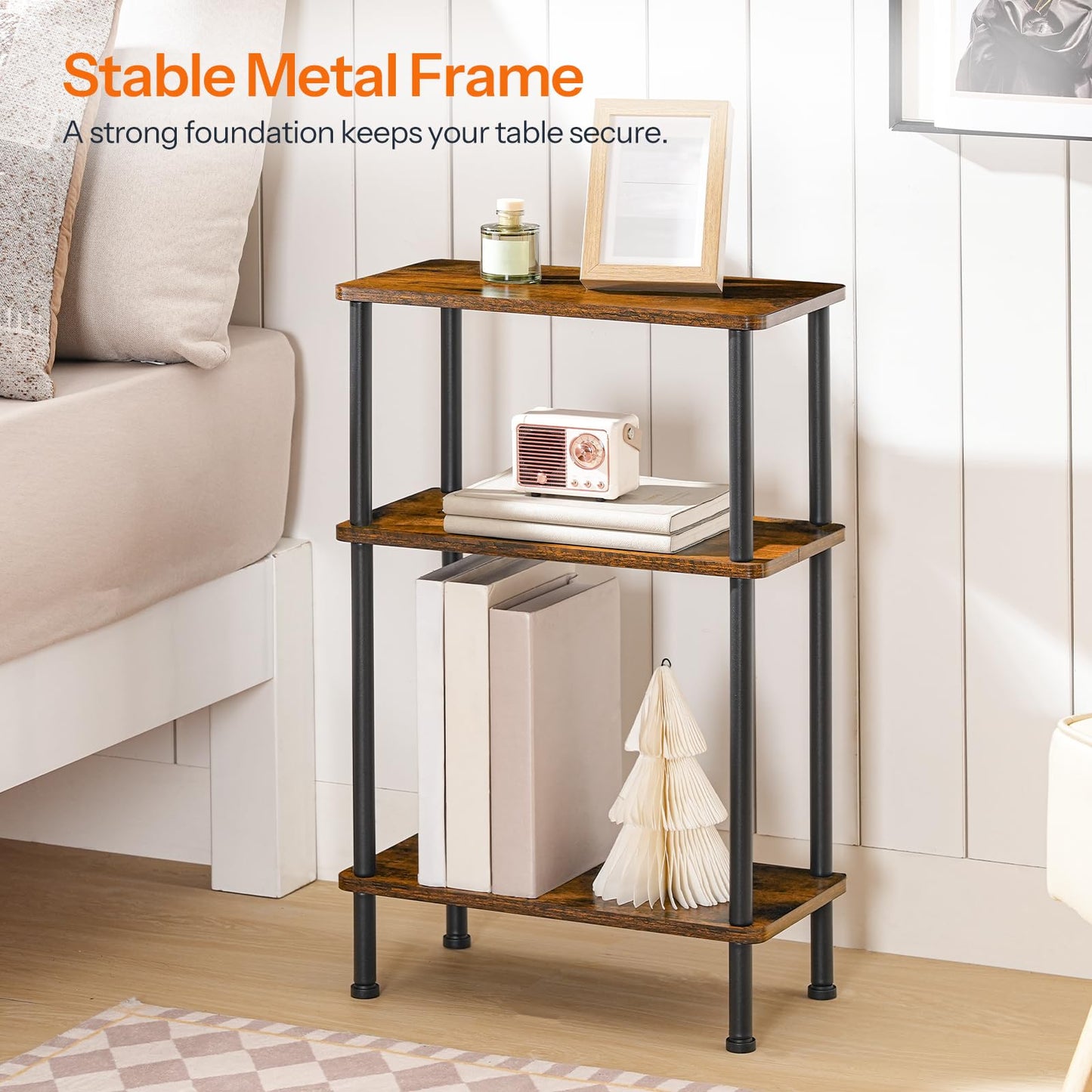 HOOBRO Narrow Side Table, 3-Tier Slim End Table No Tools Needed, Twist-On Assembly, Skinny Nightstand Sofa Storage Shelf for Living Room, Bedroom, Study, Rustic Brown and Black BF246BZ01N1