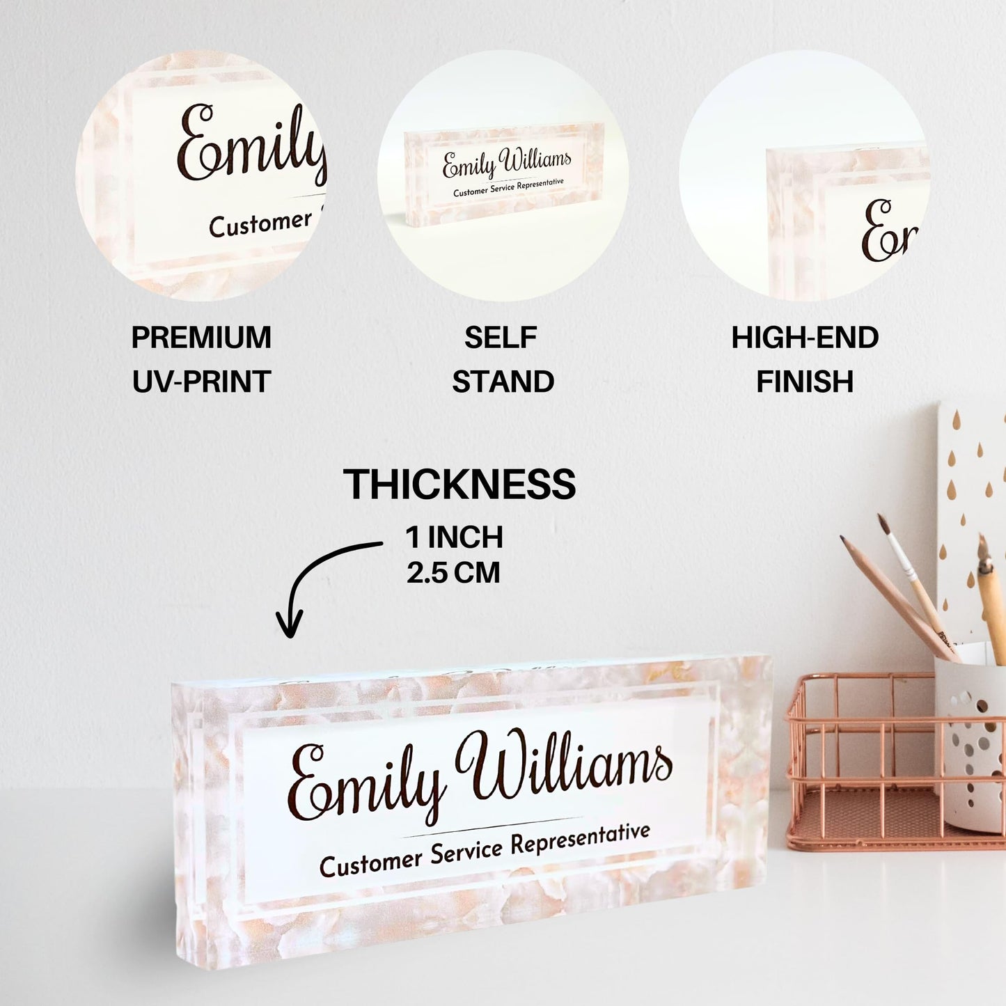 Customized Clear Acrylic Thick 8x3" Desk Name Plate Block with Personalized Logo - Professional Office Decor - Customized Acrylic Plate Gift for Teacher Co-workers (Mother of Pearl)