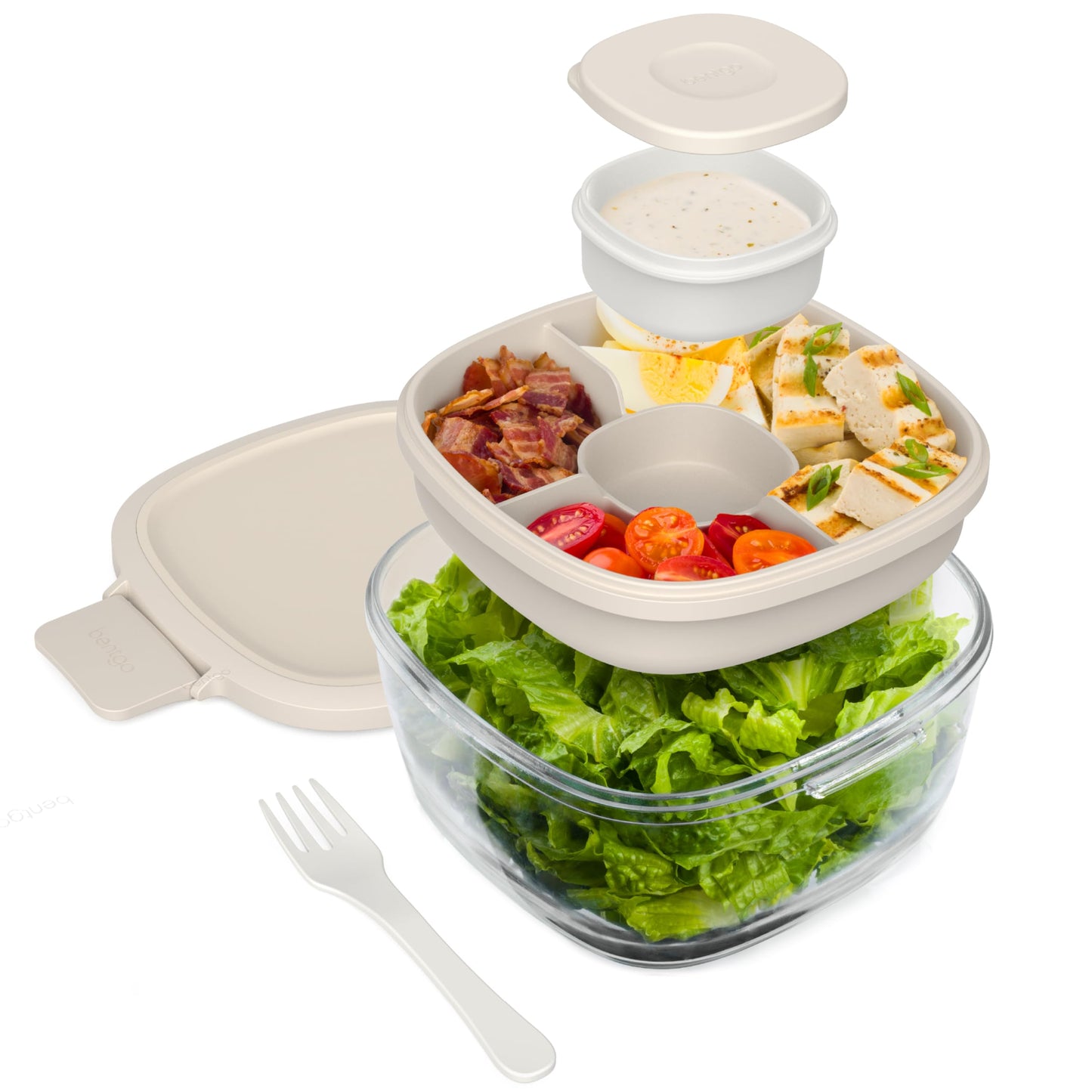 Bentgo Glass Salad Container - 7.6-Cup Salad Bowl with Airtight Lid, Leak-Proof Sauce Container, 4-Compartment Bento Tray & Reusable Fork - BPA-Free for Meal Prep, Office & More (White Stone Tan)