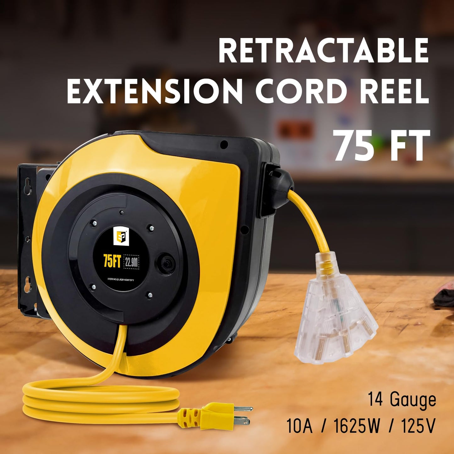 EP Retractable Extension Cord Reel,75 Feet 14 AWG/3C SJTOW Heavy Duty Power Cord,10 AMP Circuit Breaker, 3-Lighted Triple Outlets,Ceiling or Wall Mount Use Indoor, Yellow