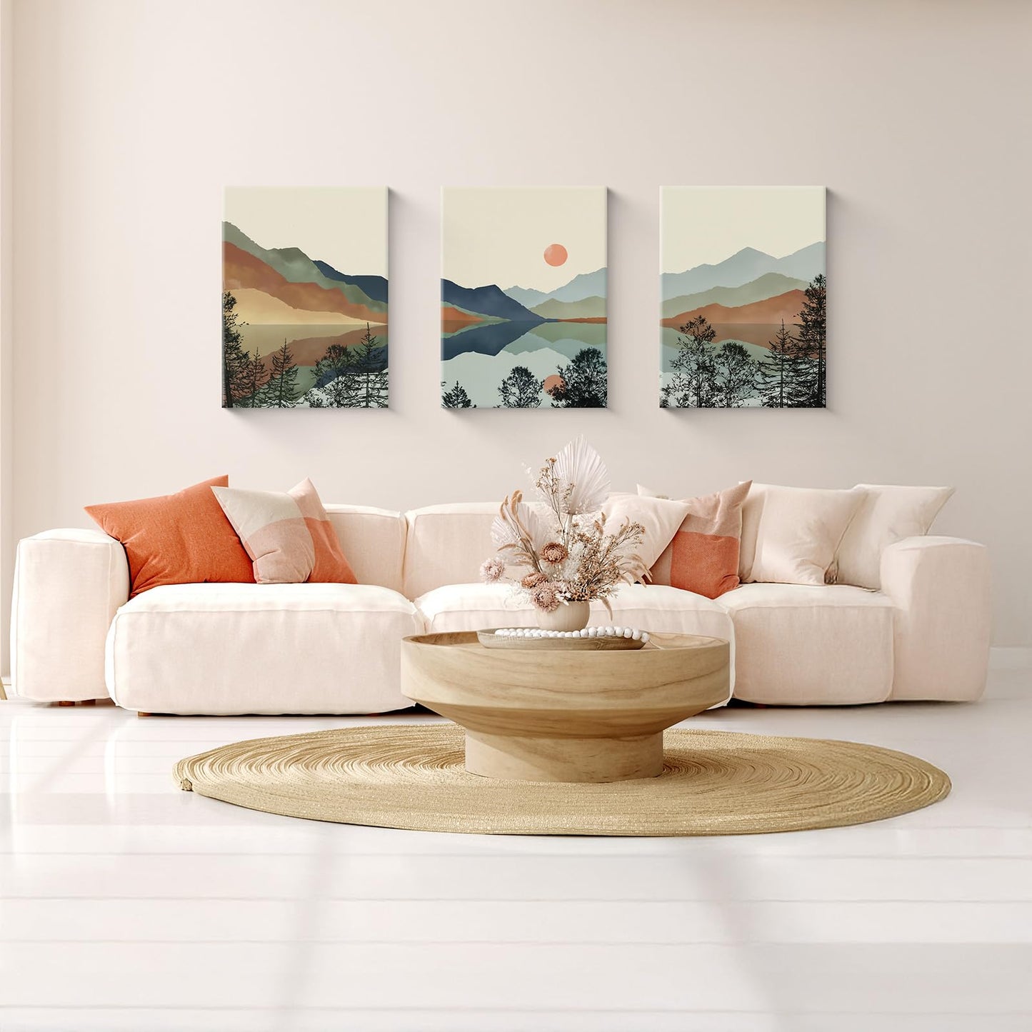Framed Boho Mountain Landscape Wall Art Set of 3-Canvas Prints, with Sunset and Lake Pictures posters Modern Minimalist painting Living Room, Bedroom, Office Ready to Hang 16x24Inch