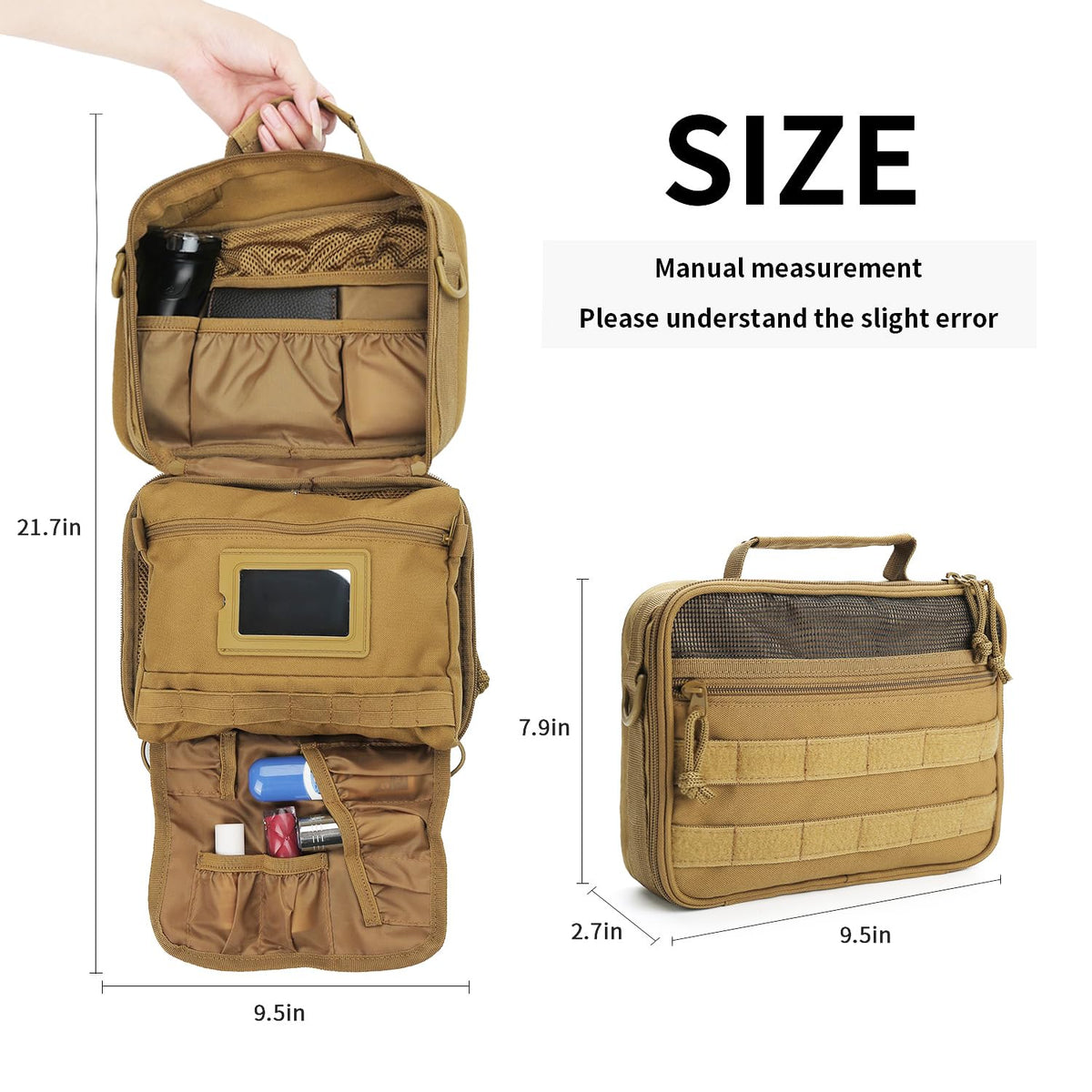 SMONT Tactical Toiletry Bag for Men Travel, Hanging Dopp Kit Shaving Hygiene Bag for Traveling Bathroom Brown