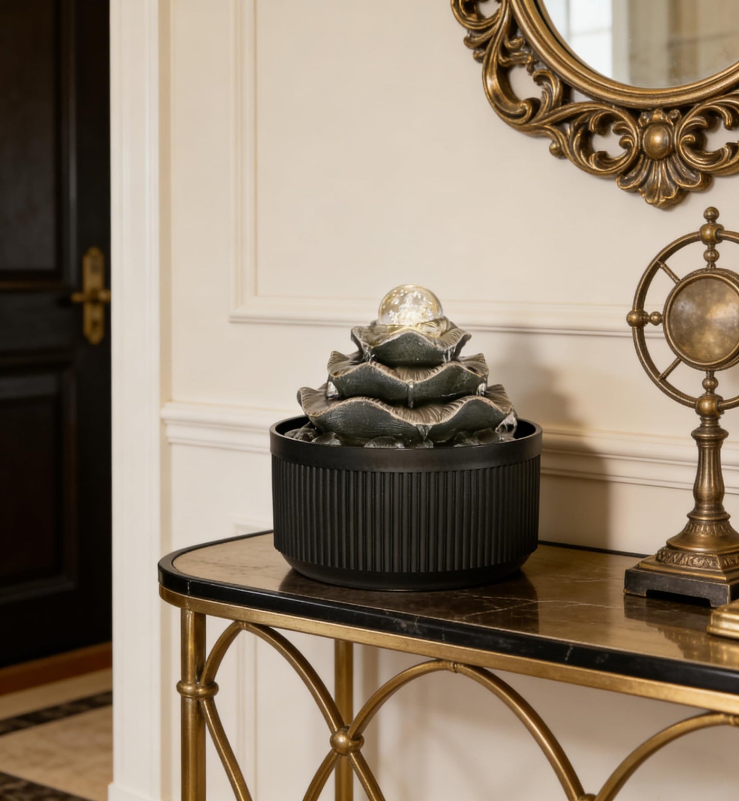 Indoor Tabletop Water Fountain - 3-Tier Lotus Leaf Design Waterfall with Warm Glowing LED & Rotating Ball, Zen Home Decor for Living Room Bedroom, Unique Housewarming Gift Idea