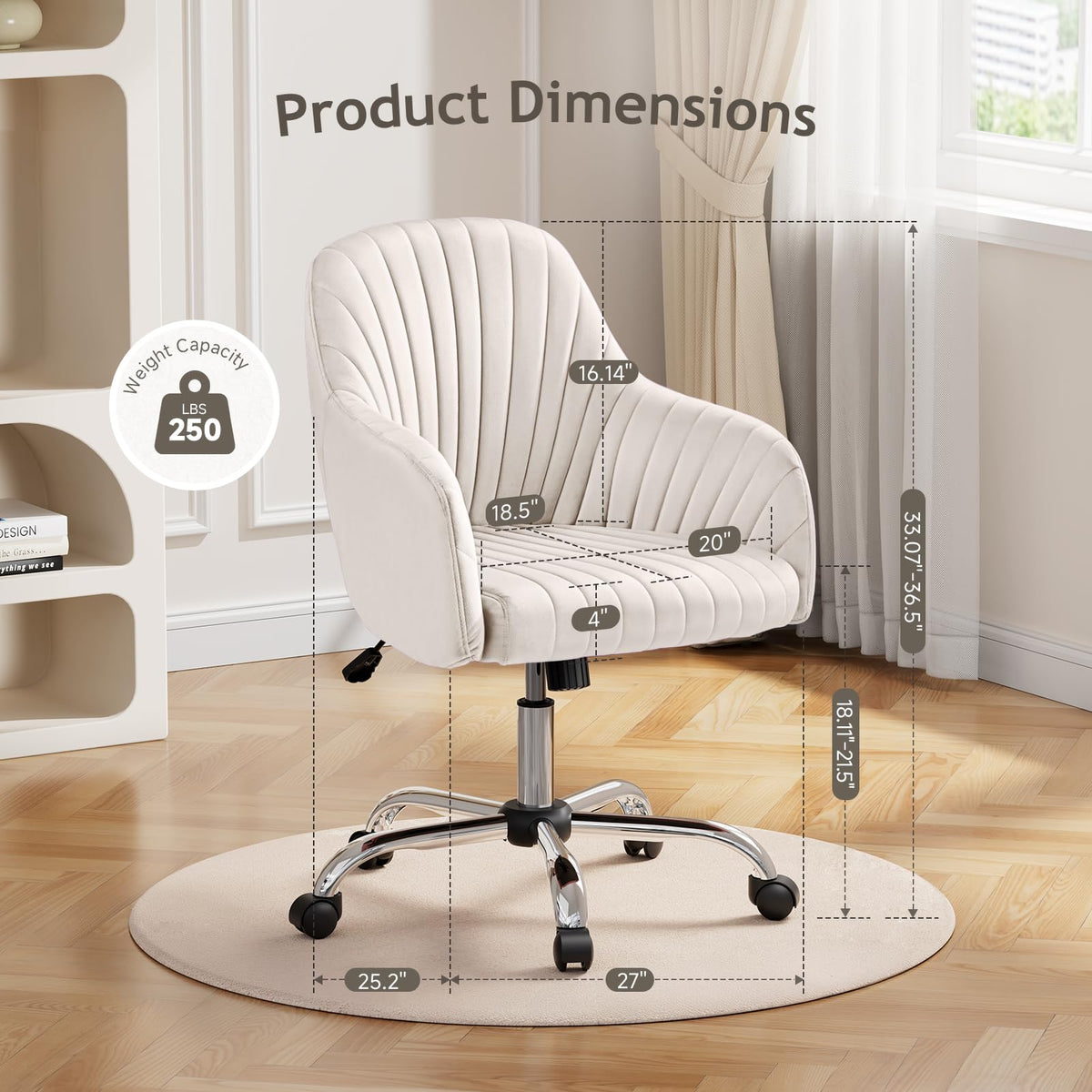 Warmiehomy Velvet Desk Chair for Home Office, Modern Adjustable Swivel Task Chair, Women Vanity Chairs with Arm Rest for Bedroom Dressing Room, Cozy Beige