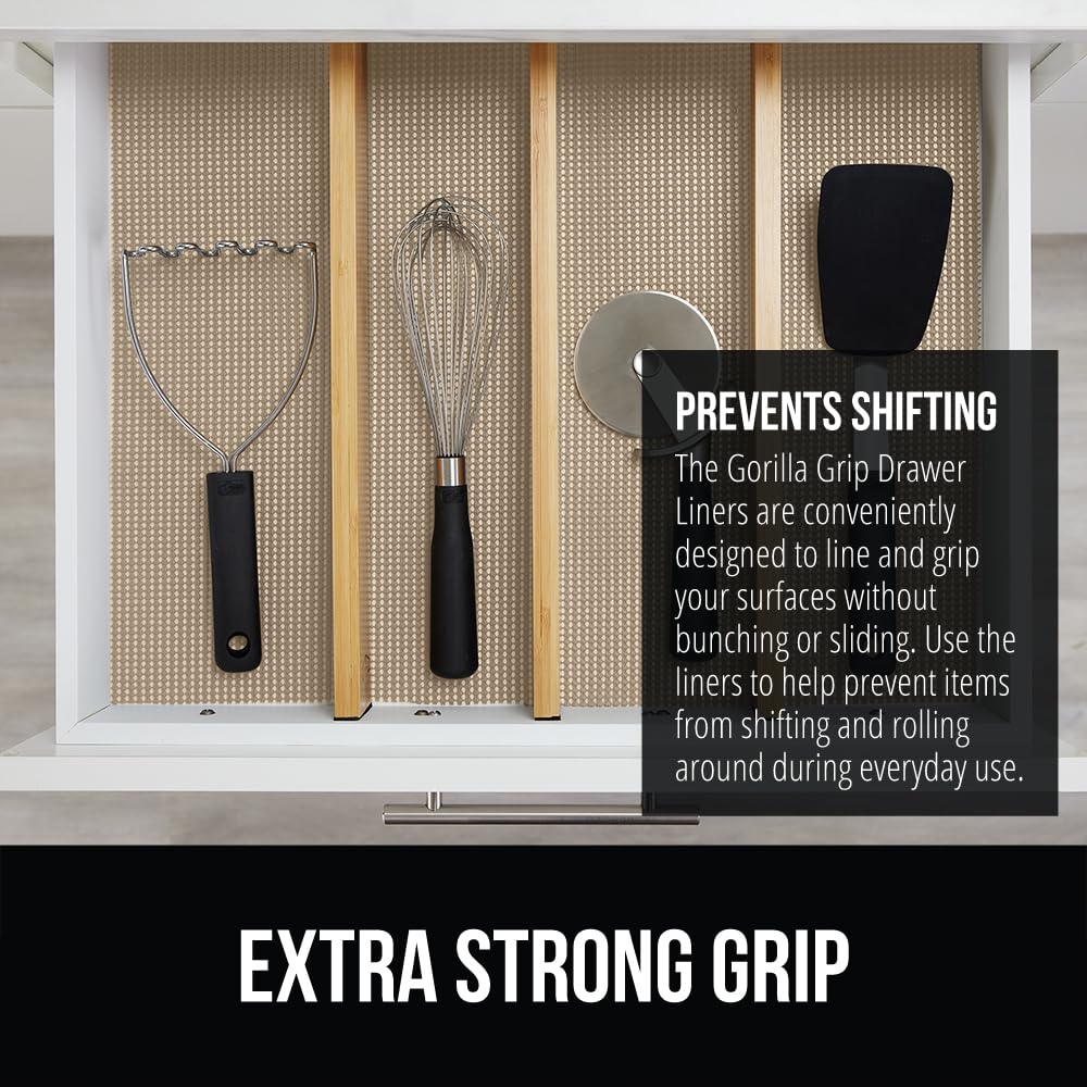 GORILLA GRIP powerGRIP Drawer Shelf and Cabinet Liner, Thick Strong Hold, Non-Adhesive Liners Protect Kitchen Cabinets and Cupboard, Bathroom Drawers, Easy Install, Breathable Mat, 12" x20', Beige