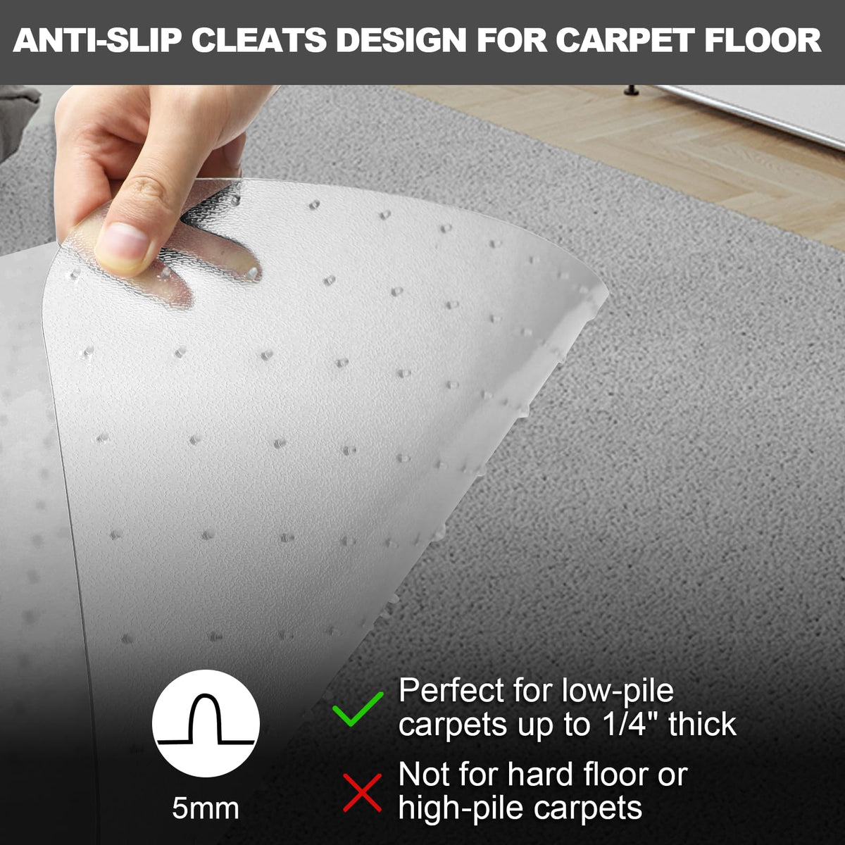 Chair Mat for Carpet- Low Pile (1/4" Thick) Carpet Protector for Office Gaming Computer Desk Chair. Heavy Duty Desk Chair Mat for Carpeted Floors, Semi Transparent