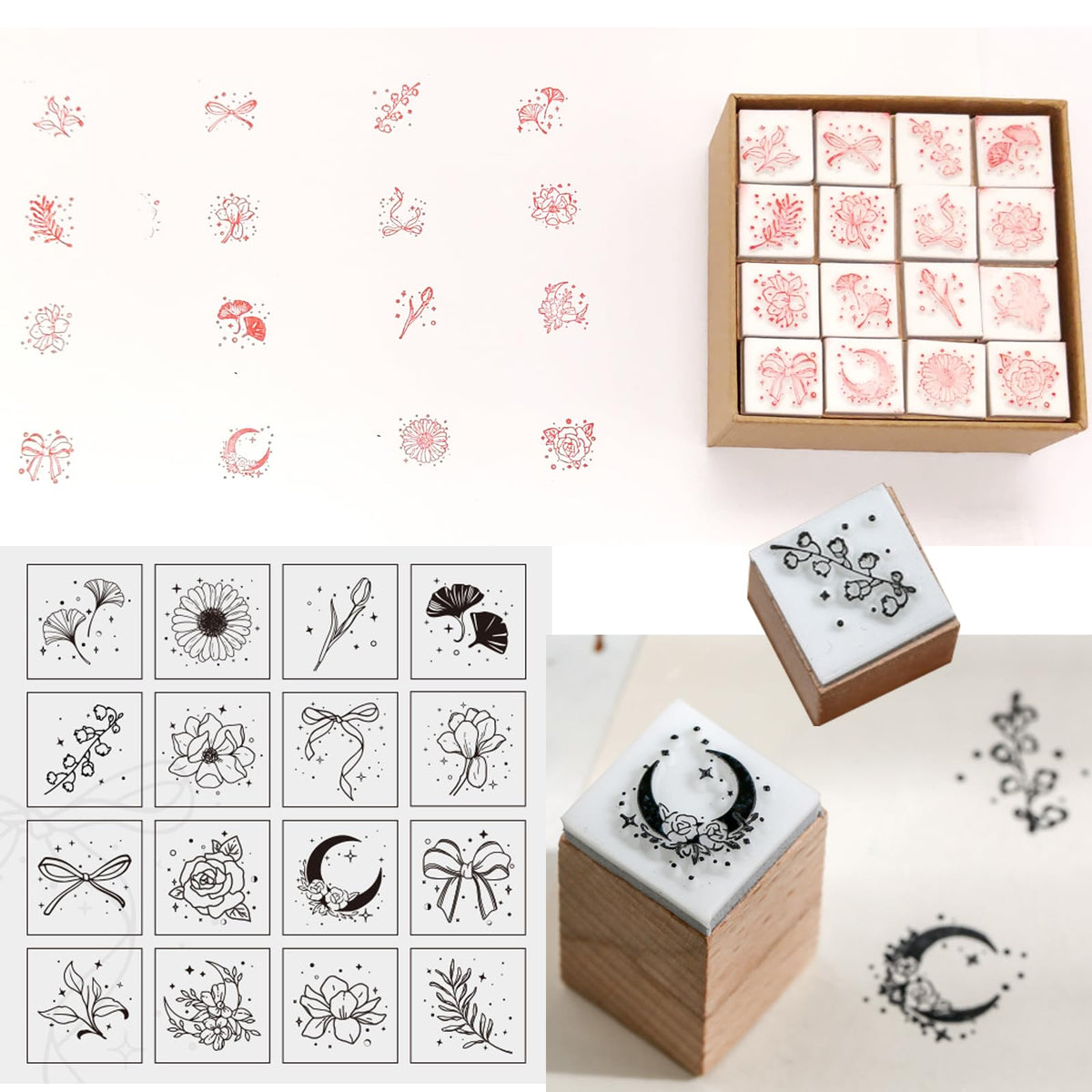 HRJZF of 24 Pcs Rubber Stamp and Craft Ink Set 16 Pcs Wooden Rubber Stamps 8 Pcs Ink Pad for Craft DIY Card and Scrapbooking
