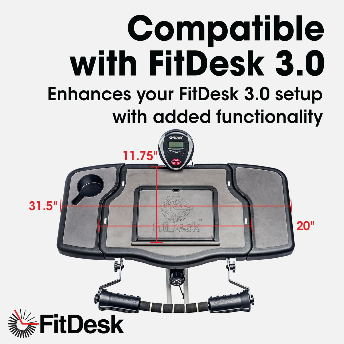 FitDesk Clamp-On Extender for 3.0 Exercise Bike & Standing Desk, Adjustable Laptop Stand, Bike Desk Attachment with Mousepad, Cup Holder & Tray, Fits Up to 17" Laptop, Treadmill Tray