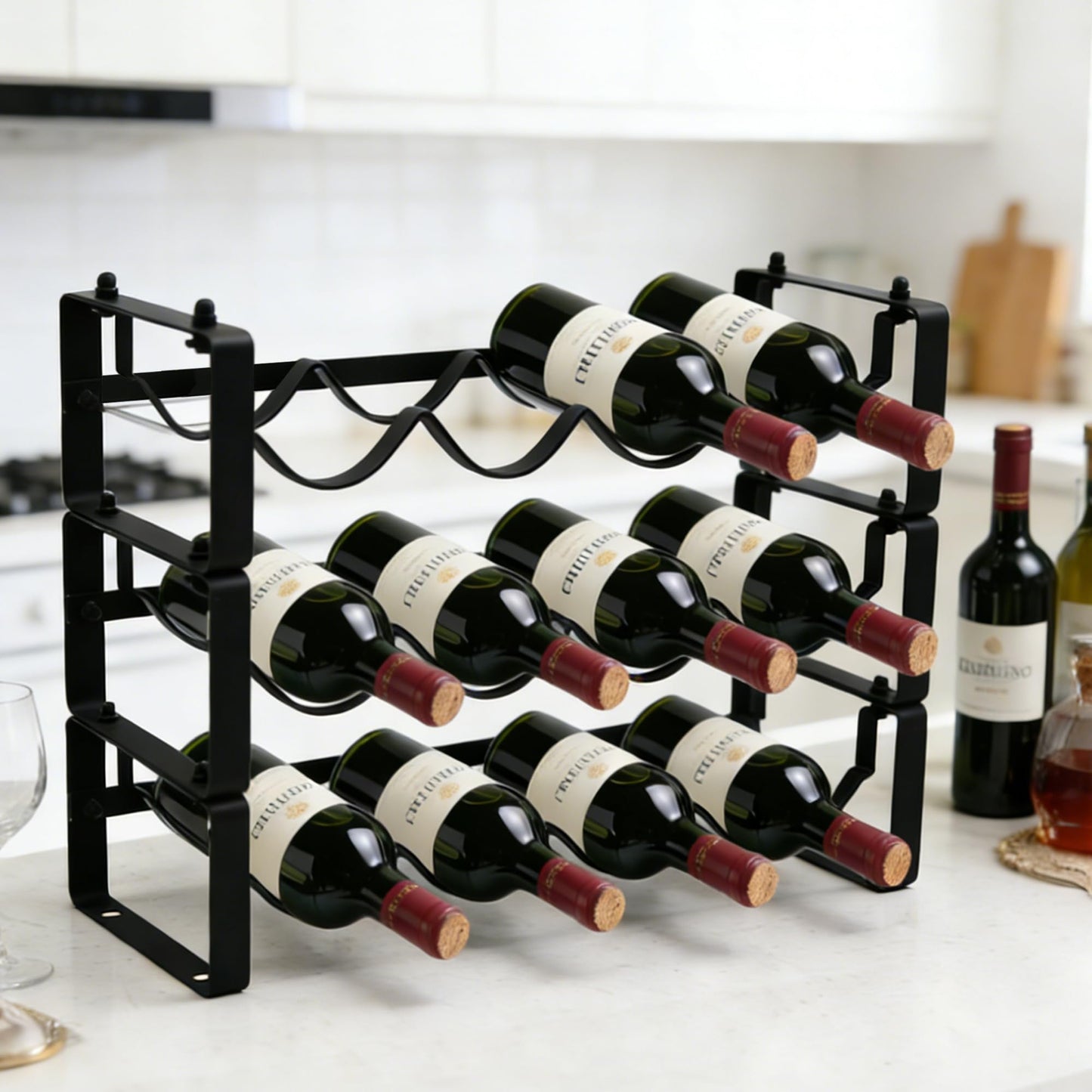 HRUSGO Wine Rack for Countertop – Stackable Freestanding Bottle Organizer for Kitchen, Pantry, Bar Cabinet & Small Spaces – Compact Metal Shelf & Modular Storage Stand (3-Tier)