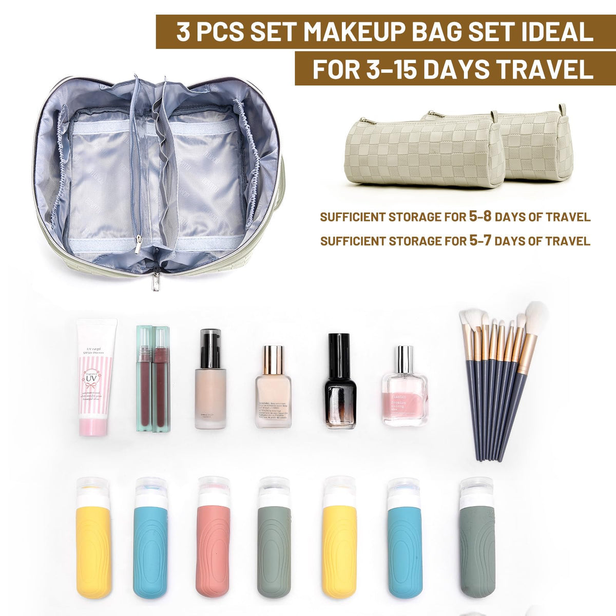 BOYATU Travel Makeup Bag Organizer: 3 Pcs Set Large Capacity Cosmetic Bags Holds 10–20 100ml Full-Size Bottles - 180°Open-Flat Make up Case 3-sec touch-up - Toiletry Bag Gift women (01-D-Beige)