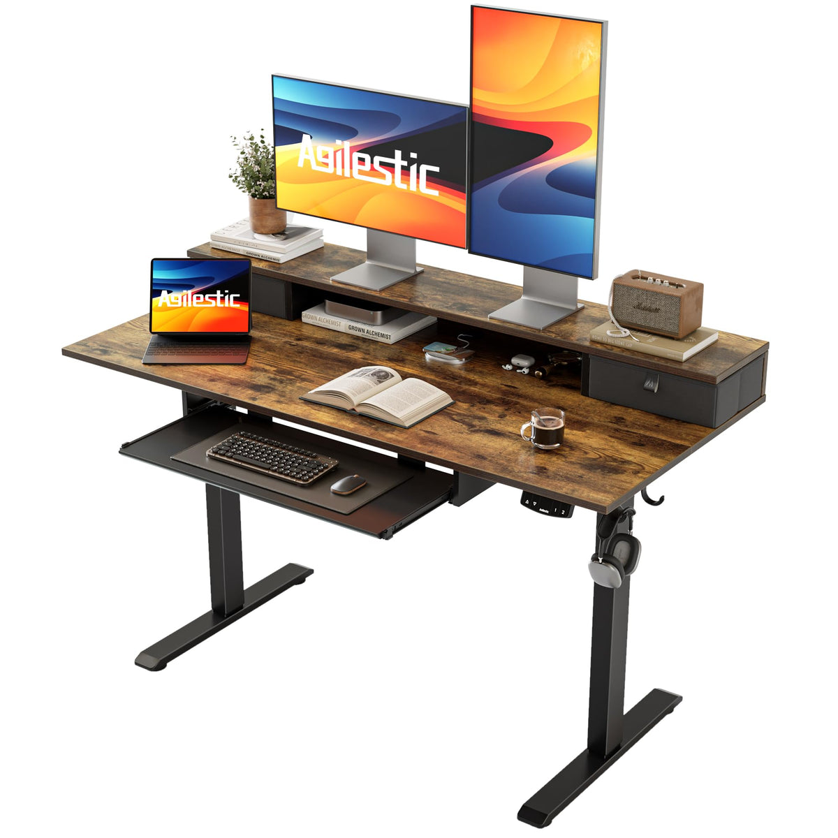 Agilestic Electric Standing Desk with 2 Drawers and Keyboard Tray, 48 x 23 Inches Ergonomic Adjustable Height Desk with Storage, Sit Stand Computer Workstation, Rustic Brown
