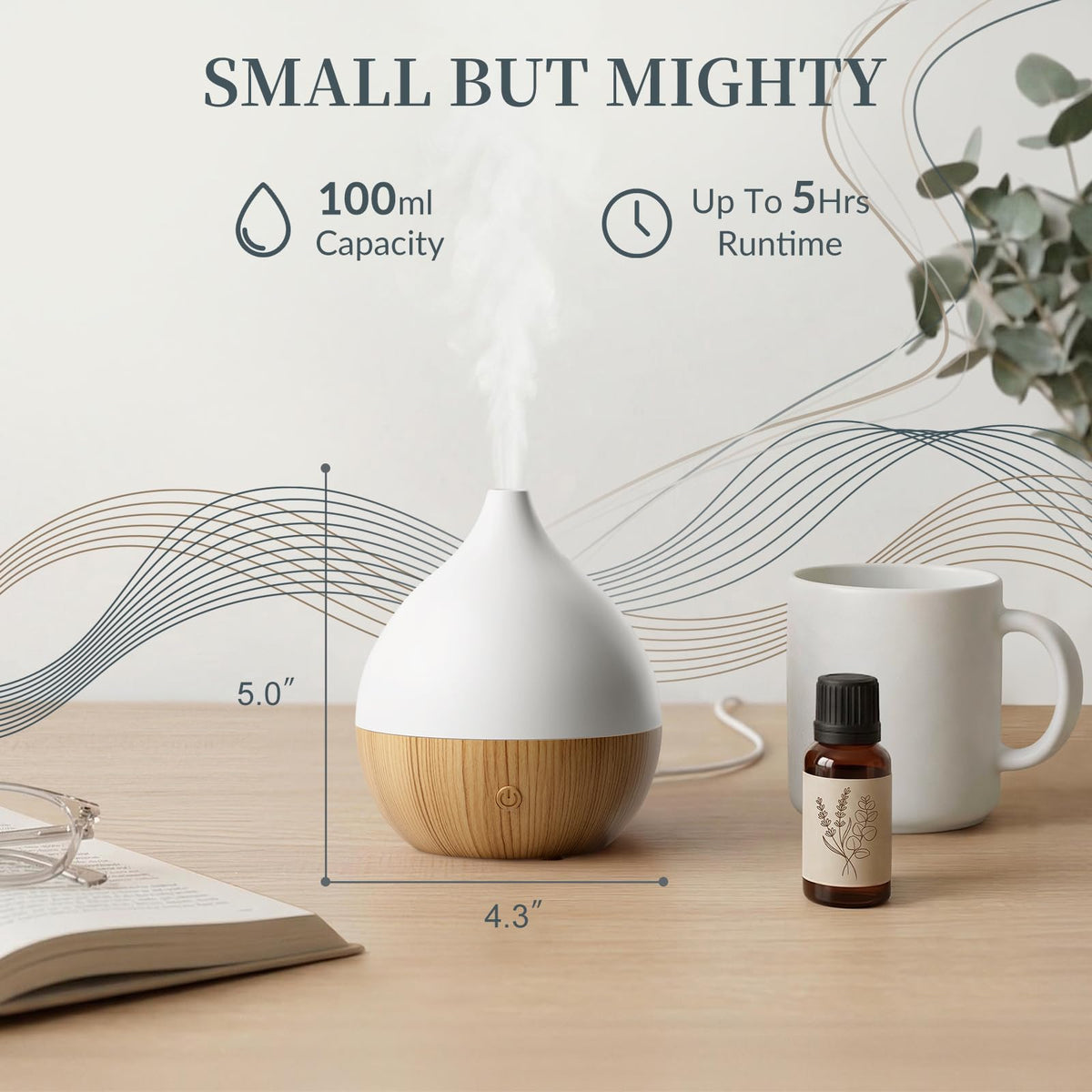 Cegsin Essential Oil Diffuser with Adapter, 100ml Small Aromatherapy Scent Machine for Home & Office Desk, 7 Color LED Cool Mist Humidifier, Auto Shut-Off, Classic Teardrop White